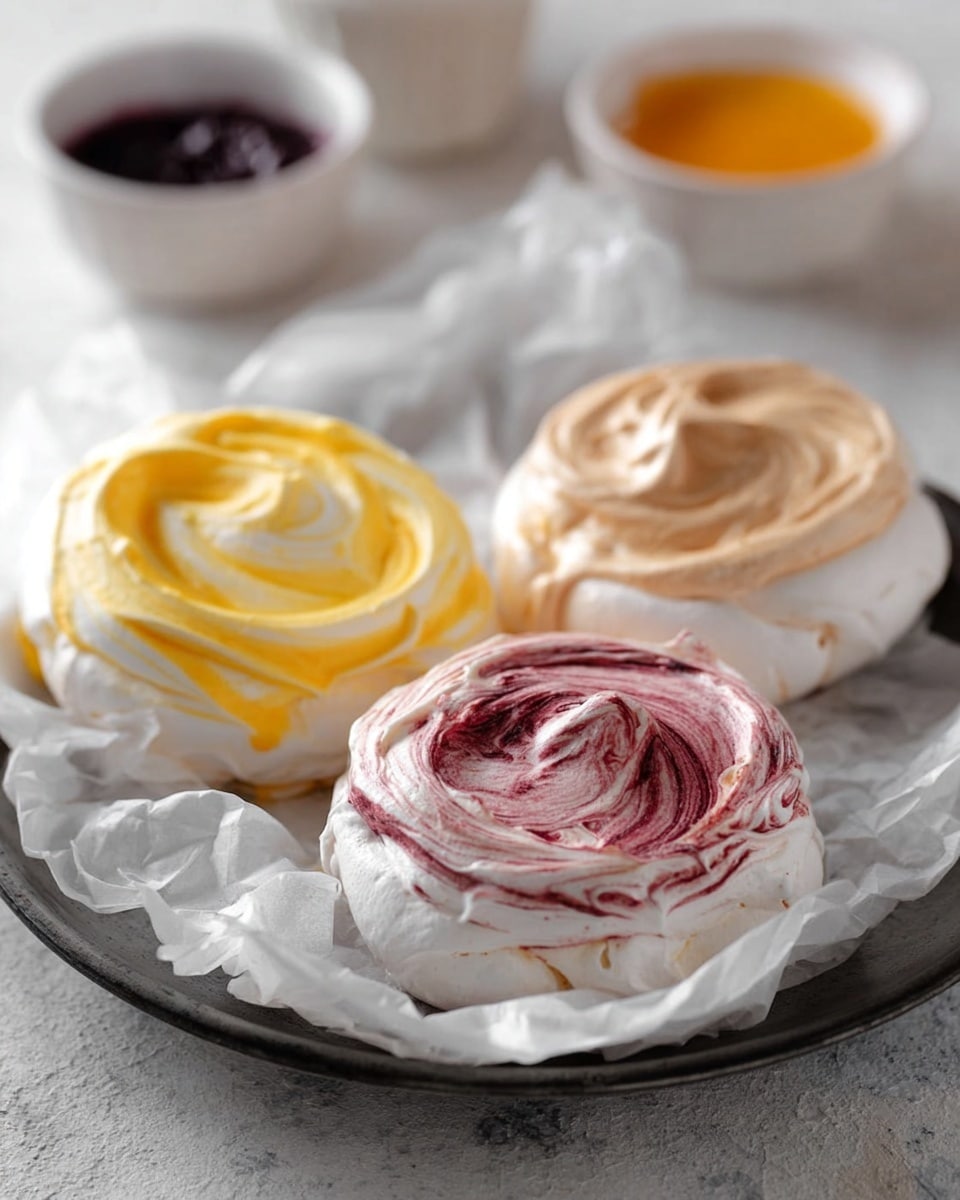 Three round pavlova nests sit on crinkled white paper placed on a dark tray, all with a white marbled texture background. Each pavlova has a crisp white outer shell with a swirled filling on top: one has a bright yellow and white creamy swirl, the second has a soft brown and white swirl, and the third shows a deep red and white swirl. The texture of the filling looks smooth and fluffy with visible swirls blending the colors in a marbled pattern. In the background, there are two white bowls, one with a dark purple jam-like substance and one with an orange-yellow spread, both softly blurred. photo taken with an iphone --ar 4:5 --v 7