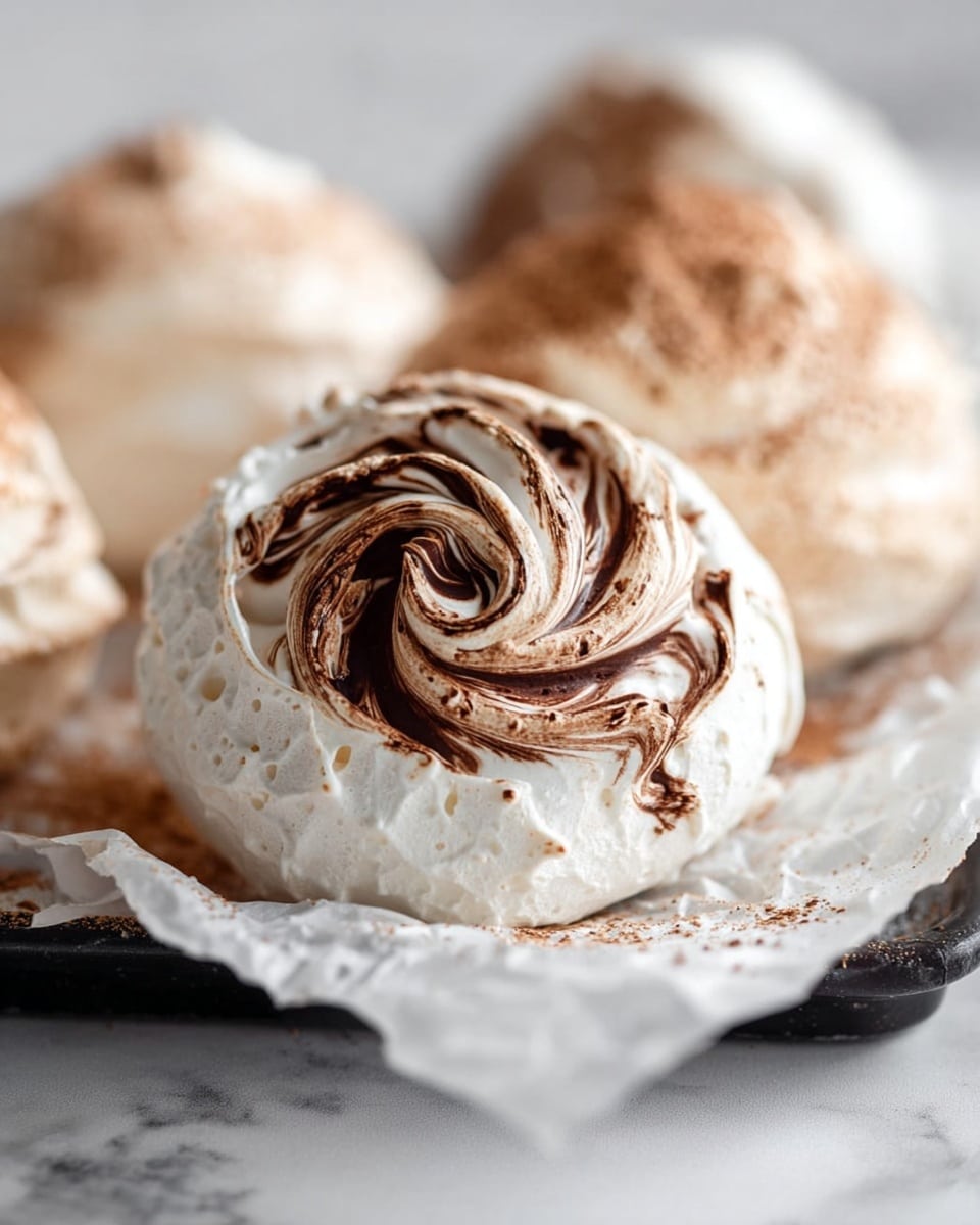 The image shows several round meringue cookies with a crisp, puffy white base and a soft texture. The front meringue has a artistic swirl of dark chocolate brown mixed into the white, creating a marbled pattern on top. The other meringues in the background display variations with light brown or cinnamon-colored dusting on their surface. All cookies rest on a crinkled white paper on a black tray, placed on a white marbled surface. The focus is sharp on the front meringue, fading softly into the background, giving a close-up view of the textures and colors. photo taken with an iphone --ar 4:5 --v 7