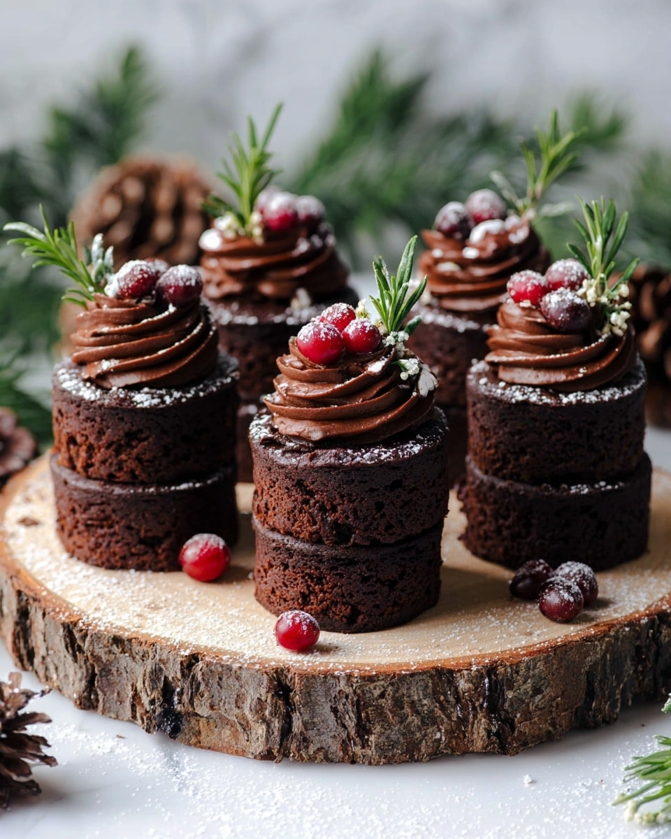 The image shows several mini chocolate cakes stacked in two layers on a round wooden board with bark edges. Each cake layer is dark brown and moist, with thick swirls of smooth, darker chocolate frosting piped in between and on top. The tops of the cakes are decorated with small red cranberries, sprigs of green rosemary, and a light dusting of white powdered sugar that also spreads on the wooden surface. The background is a white marbled texture, and some green leaves and pine cones are softly blurred behind the cakes. photo taken with an iphone --ar 4:5 --v 7