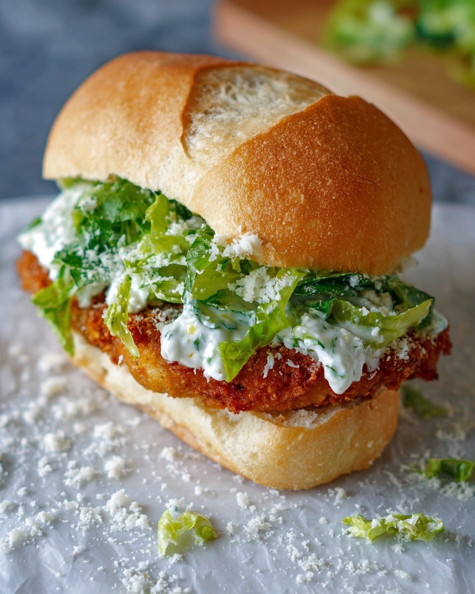The image shows a sandwich with a golden brown, crispy fried patty as the bottom layer, topped with fresh green lettuce leaves covered in a creamy white dressing mixed with grated white cheese. The sandwich is held together by a light golden crusty bread roll, split open with visible soft white inside. The sandwich is placed on light parchment paper on a white marbled surface, with some grated cheese scattered around. Photo taken with an iphone --ar 4:5 --v 7