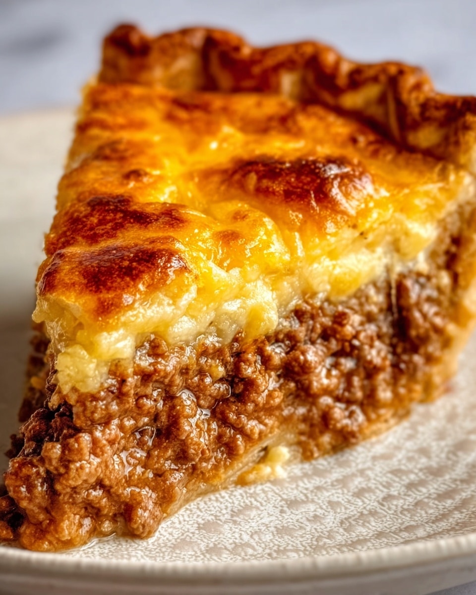 A close-up view of a single slice of meat pie on a white plate with a textured surface, showing three main layers: the bottom layer is a golden-brown flaky crust, the middle layer is a thick, textured mixture of cooked ground meat with a rich brown color, and the top layer is a bubbly golden-yellow melted cheese with some browned spots and a slightly crispy edge. The crust edge is crimped and golden, adding texture to the pie's border. The background is a white marbled texture. Photo taken with an iphone --ar 4:5 --v 7