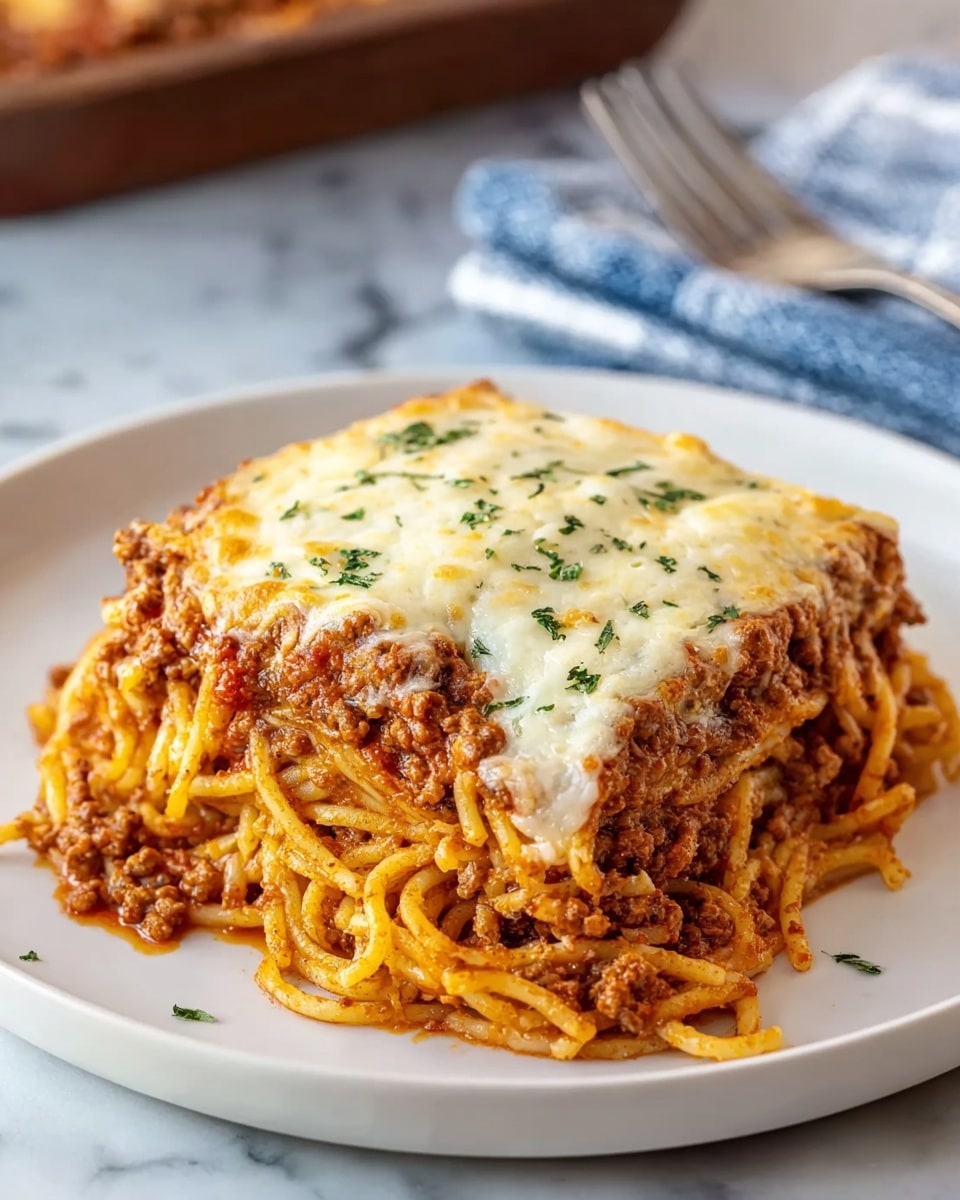 A square slice of baked spaghetti sits on a white plate, showing three main layers: the bottom layer is golden spaghetti noodles mixed with a rich red meat sauce containing ground beef, the middle layer is a thick layer of meat sauce, and the top layer is melted white cheese with a slightly golden-brown tint, sprinkled with small bits of green herbs. The plate rests on a white marbled surface, with a blurred fork and a blue and white cloth napkin in the background. Photo taken with an iphone --ar 4:5 --v 7