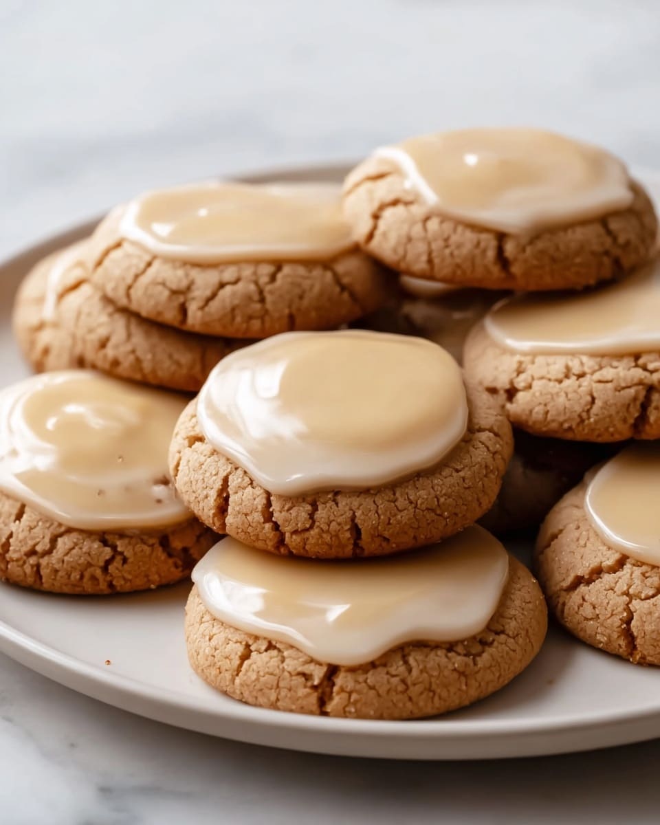 A pile of round cookies with a cracked texture on the bottom layer, each topped with a smooth, shiny layer of light caramel-colored icing that has an irregular, slightly dripped shape, all placed on a white plate, set on a white marbled surface. photo taken with an iphone --ar 4:5 --v 7