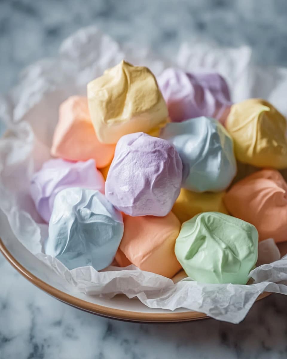 A round white plate lined with white parchment paper holds a pile of small, soft-looking, square-shaped pastel meringue puffs. The puffs are in different colors, including light purple, pale yellow, light orange, soft blue, and light green, each showing a slightly wrinkled texture with a gentle shine. The meringues are stacked unevenly, creating a casual, inviting arrangement on the plate. The background features a white marbled texture surface. photo taken with an iphone --ar 4:5 --v 7