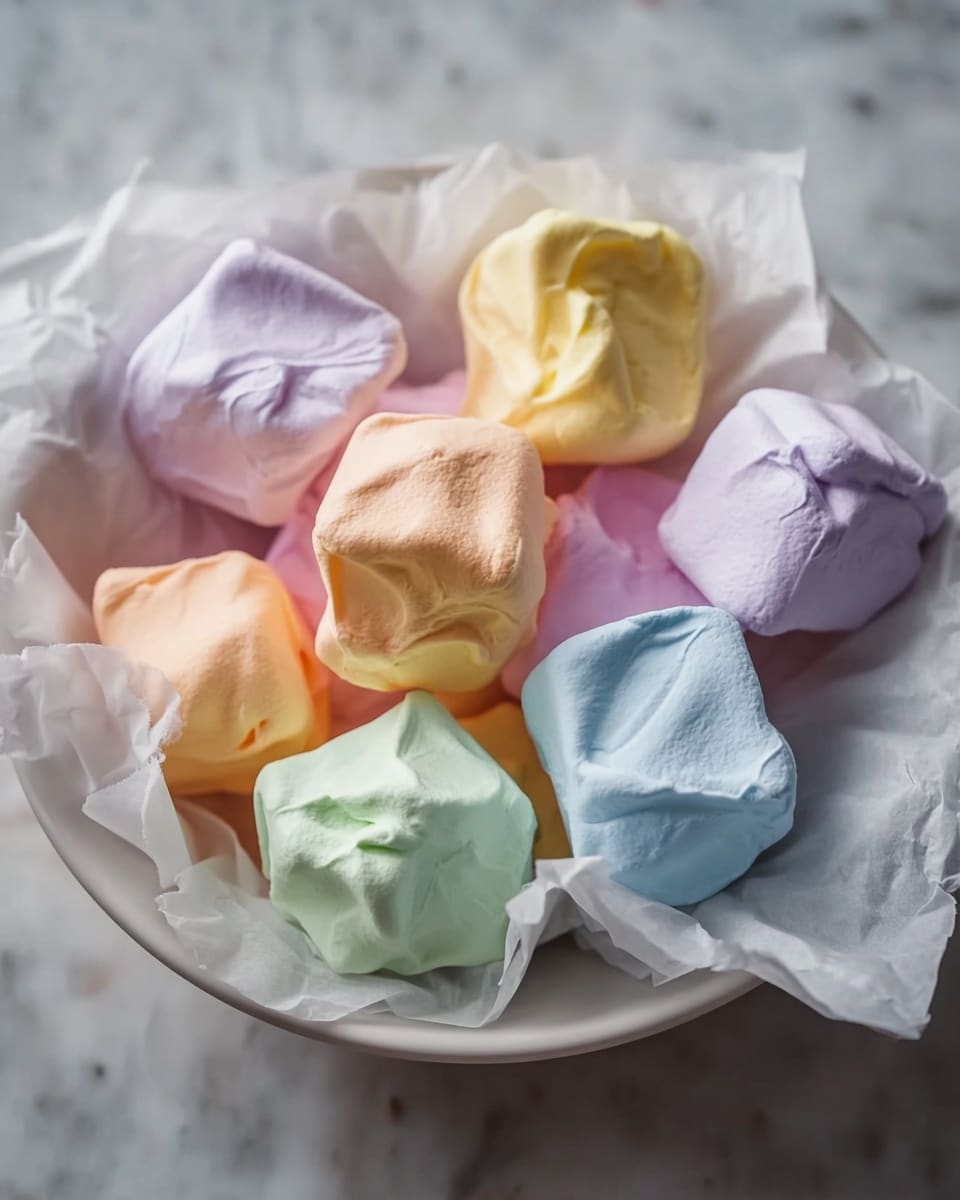A white bowl lined with white parchment paper holds several pastel-colored marshmallows or meringues with a soft, plump texture. The pieces are in pale lavender, soft yellow, light orange, gentle mint green, and baby blue shades. Each marshmallow is roughly square-shaped with a crumpled, slightly wrinkled surface. The bowl is placed on a white marbled texture. Photo taken with an iphone --ar 4:5 --v 7