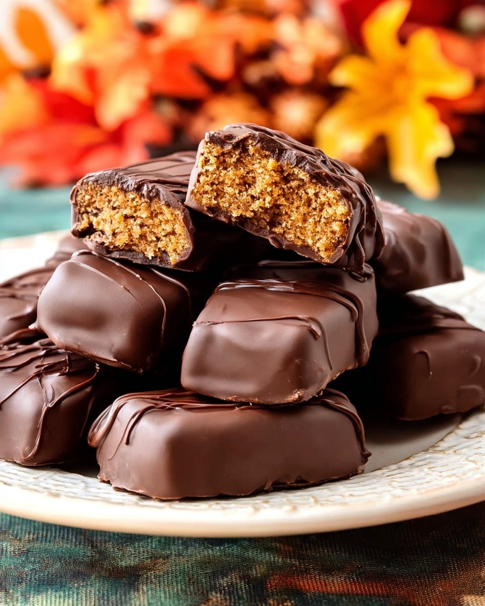 A close-up view of a pile of rectangular chocolate-covered treats stacked on a white plate with a textured rim. The front shows two pieces cut in half, revealing a crumbly light brown center inside a smooth dark brown chocolate coating. The chocolate coating on the other pieces has a slight shine with some lines of drizzle on top. The plate rests on a white marbled surface with a colorful, blurred fall-themed background. photo taken with an iphone --ar 4:5 --v 7