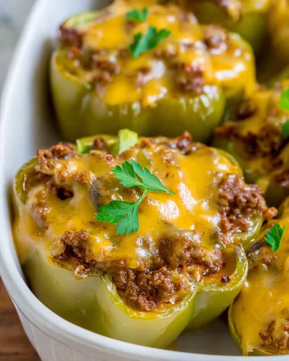 The image shows a white bowl filled with stuffed bell peppers sliced in half, each pepper layer is pale green with a soft texture, topped with a thick layer of browned ground meat mixed with small pieces of mushrooms. Over the meat, there is a generous layer of melted golden yellow cheddar cheese, blending slightly with the meat below. Small green parsley leaves are placed on top for garnish, all resting on a white marbled surface. Photo taken with an iphone --ar 4:5 --v 7