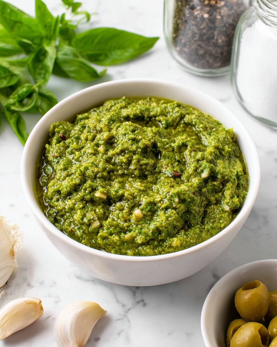 A white bowl filled with green pesto sauce that has a thick, slightly chunky texture with visible small bits of herbs and nuts. The green color varies from bright to olive shades, giving it a fresh and rich look. Around the bowl, there are fresh green herb leaves on the white marbled surface, a few garlic cloves with papery white skins, and a white bowl with green olive halves. In the background, there are clear glass containers with white and dark seasonings, all placed on the white marbled surface. photo taken with an iphone --ar 4:5 --v 7