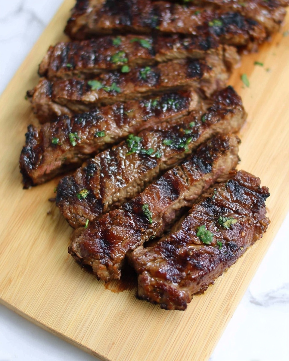The image shows a close-up of six sliced pieces of grilled steak arranged in a row on a light wooden cutting board. The steak has a shiny, dark brown crust with visible grill marks and some small green herb bits scattered on top. The meat looks juicy with a slightly charred texture, and the inside of each slice is a lighter brown. The background has a white marbled texture that contrasts with the warm tones of the cutting board and steak. photo taken with an iphone --ar 4:5 --v 7