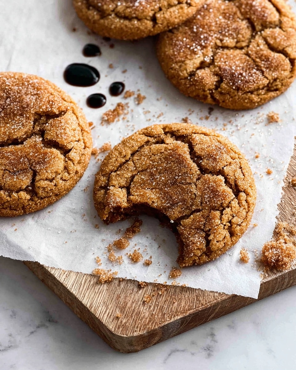 The image shows four large brown cookies with cracked tops and a sugary coating, arranged on white parchment paper resting on a wooden board. One cookie in the center has a big bite taken out of it, revealing a soft and chewy interior with a darker texture. The cookies have a slightly rough surface with visible sugar crystals and a few crumbs scattered around on the white marbled background. Several dark brown syrup drops are on the parchment paper near the cookies. photo taken with an iphone --ar 4:5 --v 7