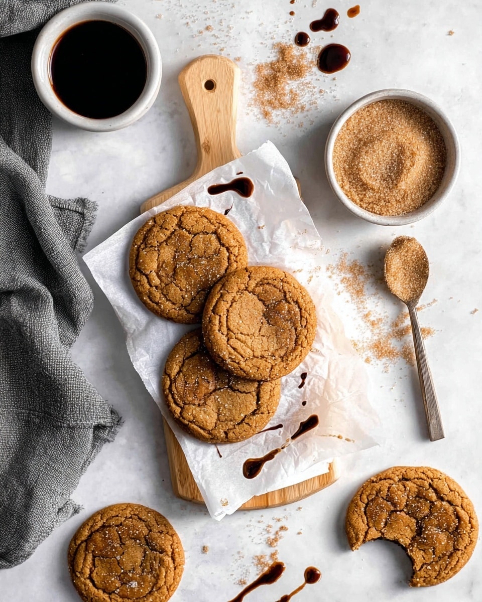 The image shows a white wooden board with a handle, topped with white parchment paper, holding three round, golden-brown cookies with cracked surfaces and sugar sprinkled on top; one cookie at the bottom has a bite taken out of it. Around the board, more cookies, some whole and some broken, lie scattered on a white marbled surface. There is a small white bowl filled with light brown sugar or cinnamon mix beside a metal spoon with a wooden handle, resting on the surface. Near the top left, a small white ceramic cup filled with dark coffee sits next to a grey cloth napkin. Drizzles of dark syrup or chocolate sauce are splattered on the parchment and surface. photo taken with an iphone --ar 4:5 --v 7