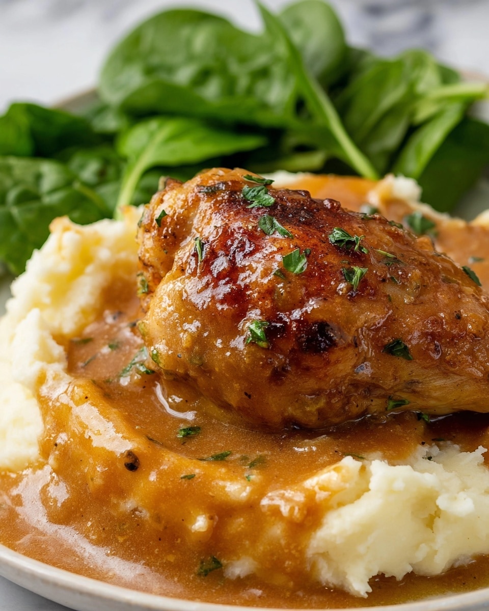 A close-up of a white plate holding three layers of food: the bottom layer is smooth, creamy mashed potatoes in a light off-white color; on top of that is a thick layer of rich, brown gravy with a slightly glossy texture, spreading and soaking into the mashed potatoes; resting on the gravy is a piece of roasted chicken thigh with golden-brown, crispy skin, shiny with sauce and sprinkled with small bits of green herbs. In the background, there are fresh, bright green spinach leaves adding a fresh contrast in color. The setting is on a white marbled texture surface. Photo taken with an iphone --ar 4:5 --v 7