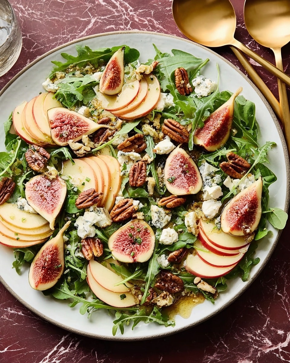The image shows a salad presented on a round white plate filled with multiple layers that create a fresh and colorful dish. The bottom layer is made of bright green arugula leaves spread evenly across the plate. On top of this base, several thin slices of red-skinned apple are placed, showing off their pale yellow inner flesh. Thick slices of ripe fig, revealing their pinkish-red and seeded interiors, are scattered generously across the salad. Small dollops of white goat cheese are sprinkled throughout, adding a creamy texture and bright contrast against the greens and reds. Roasted pecans with a slightly glossy, caramelized surface are placed among the fruits and leaves, adding a rich brown tone and crunch. The salad appears lightly dressed with a chunky vinaigrette visible as tiny bits of shallots and chives sprinkled over everything. The setting includes golden metallic salad spoons resting at the top right, and the whole dish rests on a white marbled surface. photo taken with an iphone --ar 4:5 --v 7