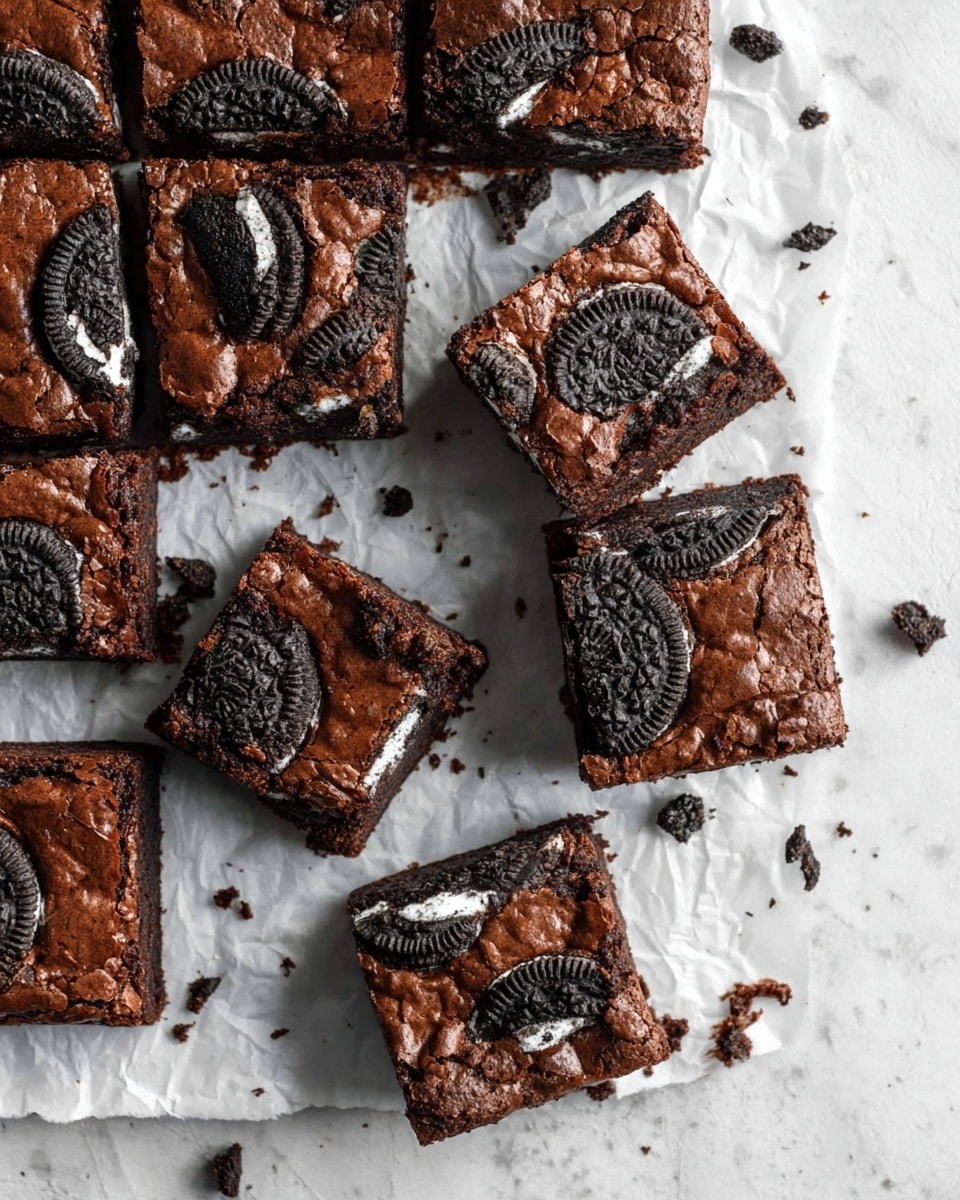 The image shows a batch of square chocolate brownies topped with crushed Oreo cookie pieces, displayed on crumpled white parchment paper over a white marbled surface. The brownies have a shiny, cracked top layer with dark brown color, interspersed with black and white Oreo cookie chunks embedded throughout. Most brownies are neatly cut and placed together on the parchment, while two smaller brownie pieces are separated and positioned slightly apart with crumbs around them. The overall look is rich and textured, highlighting the combination of smooth brownie and crunchy cookie bits. photo taken with an iphone --ar 4:5 --v 7