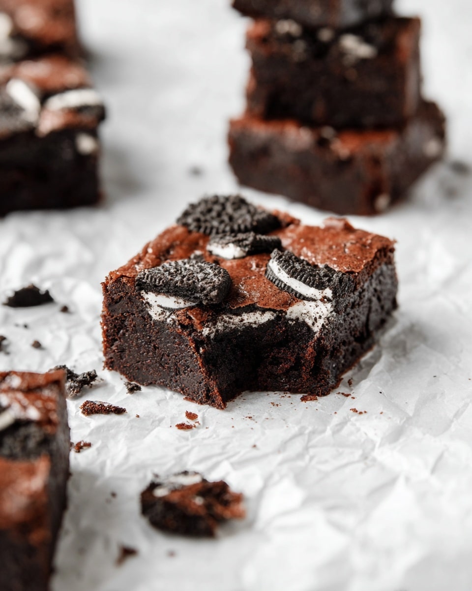 A dark chocolate brownie square with a shiny cracked top layer, studded with broken black and white cookie pieces, sits on crinkled white parchment paper on a white marbled surface. The brownie is thick and fudgy with a moist, dense texture inside, shown clearly by a large bite taken from one side. Around it, more broken cookie bits and crumbs scatter loosely, while a small stack of three similar brownie squares is blurred in the background. Photo taken with an iphone --ar 4:5 --v 7