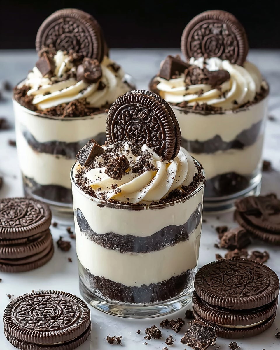 Three small glass cups each hold a layered dessert with three clear layers: the bottom dark chocolate crumb layer, the middle smooth white cream layer, and the top thick white cream shaped into swirls. On top of the cream are dark chocolate chunks and chocolate crumbs scattered around. Each dessert is decorated with a whole chocolate sandwich cookie standing vertically in the center. Around the cups, several chocolate sandwich cookies lay flat on a white marbled textured surface. The focus is close up, showing the creamy and crumbly textures clearly. photo taken with an iphone --ar 4:5 --v 7