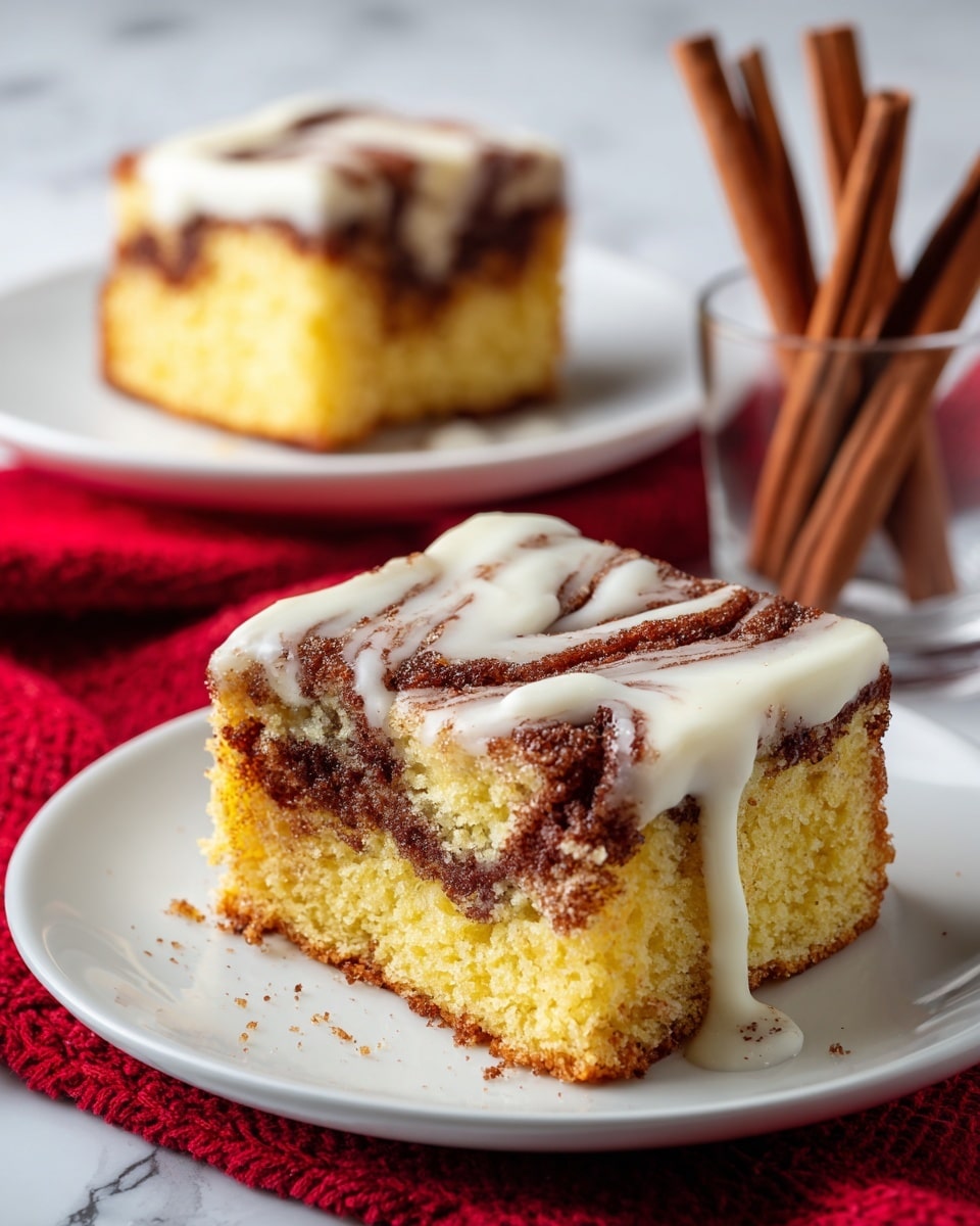 A close-up of two square pieces of cinnamon swirl cake stacked on a white plate. Each piece has a golden-yellow base layer with a soft and crumbly texture, swirled with a darker brown cinnamon layer that creates wavy patterns inside. The top layer is coated with a smooth, thick white icing that drips slightly over the edges. In the background, another piece of the cake sits on a white plate with a few cinnamon sticks standing upright in a clear glass. The setting is on a white marbled surface with a red cloth underneath. Photo taken with an iphone --ar 4:5 --v 7