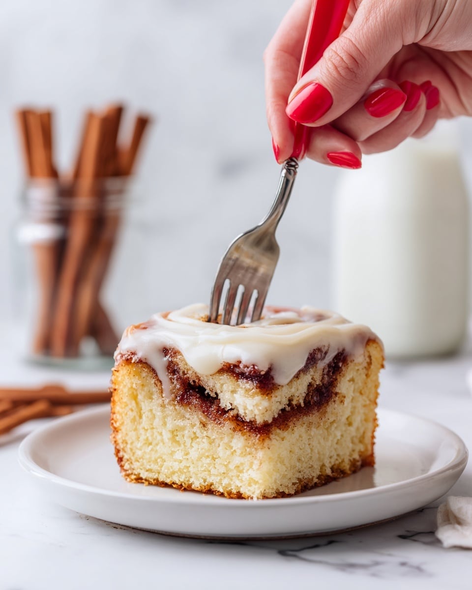 A white plate holds a thick square piece of cinnamon roll cake with two visible layers: a soft, light yellow cake base at the bottom and a rich, darker brown cinnamon swirl layer in the middle with a gooey texture. The top layer is covered with a smooth, shiny white glaze that drips slightly over the edges. A woman's hand with short nails holds a fork with a red handle, piercing the cake from the top. In the background, there is a clear glass filled with cinnamon sticks and a glass bottle filled with milk, all set against a white marbled texture. photo taken with an iphone --ar 4:5 --v 7