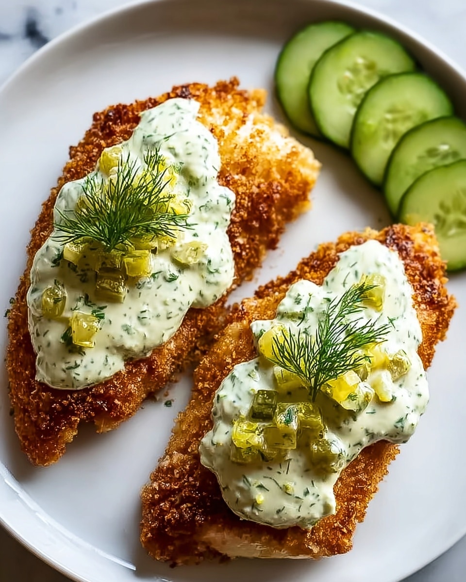Two crispy golden-brown breaded fish fillets sit side by side on a smooth white plate. Each fillet is topped with a creamy white sauce speckled with fresh green dill and small chunks of yellow pickle, adding texture and color contrast. On the top of the sauce, a small sprig of dill adds a fresh, vibrant touch. To the back right of the plate, thin, round slices of fresh cucumber provide a green accent. The plate rests on a white marbled surface, enhancing the colors of the food. photo taken with an iphone --ar 4:5 --v 7