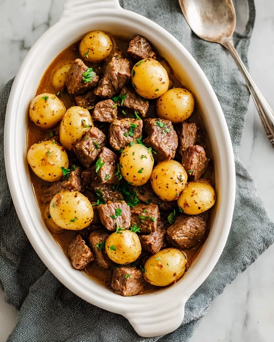The dish features a white plate holding two main layers: the first layer consists of several dark brown, chunky pieces of cooked beef arranged loosely on one side, showing a textured, slightly rough surface. The second layer includes whole, light yellow baby potatoes with a smooth, slightly speckled skin piled next to the beef. A small sprig of fresh green thyme is placed on top of the beef, adding a touch of color contrast. The scene is set on a white marbled surface with a hint of a stainless steel pot and a small square white dish with chopped green herbs blurred in the background. Photo taken with an iphone --ar 4:5 --v 7