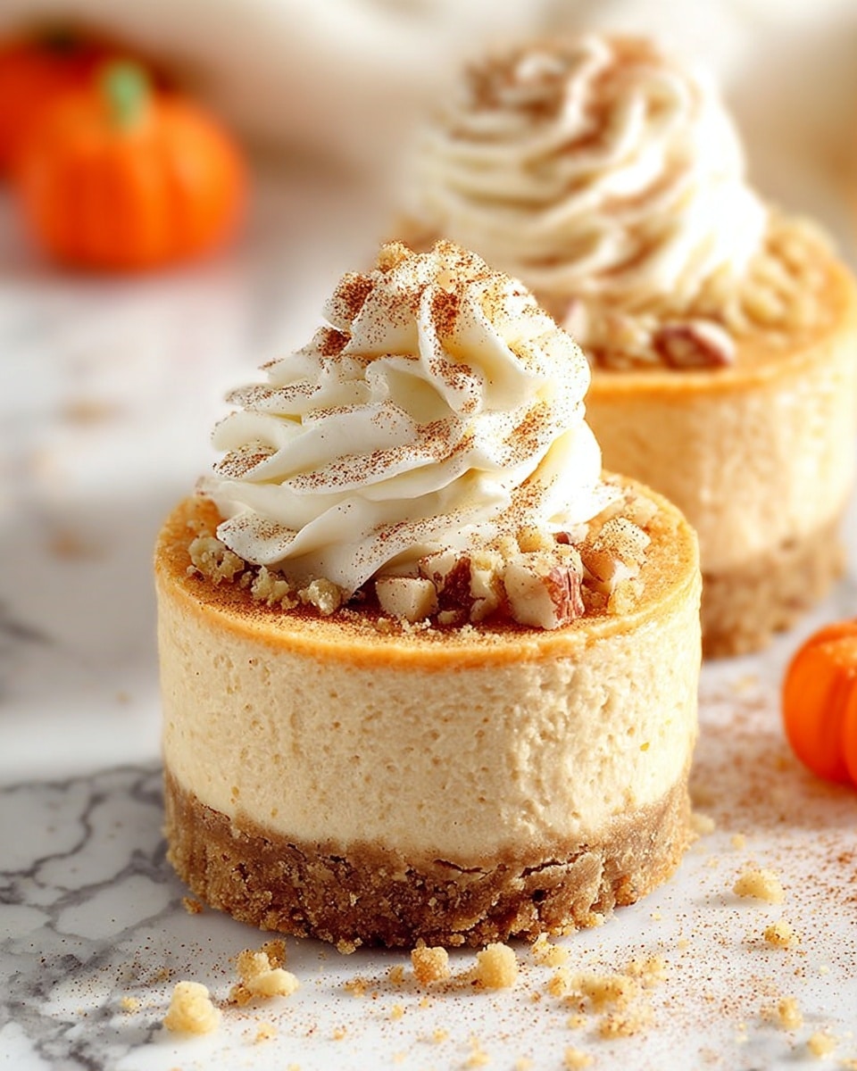 The image shows two small round cheesecakes on a white marbled surface. Each cheesecake has two visible layers: a bottom crumbly brown crust and a thick, smooth light orange pumpkin-flavored cream cheese layer above it. On top of each cheesecake is a swirl of white whipped cream dusted with light brown cinnamon or nutmeg powder. Small chunks of nuts and crumbs are scattered on the whipped cream, cheesecake top, and surface around them. There is a small orange candy shaped like a pumpkin in the blurred background. Photo taken with an iphone --ar 4:5 --v 7