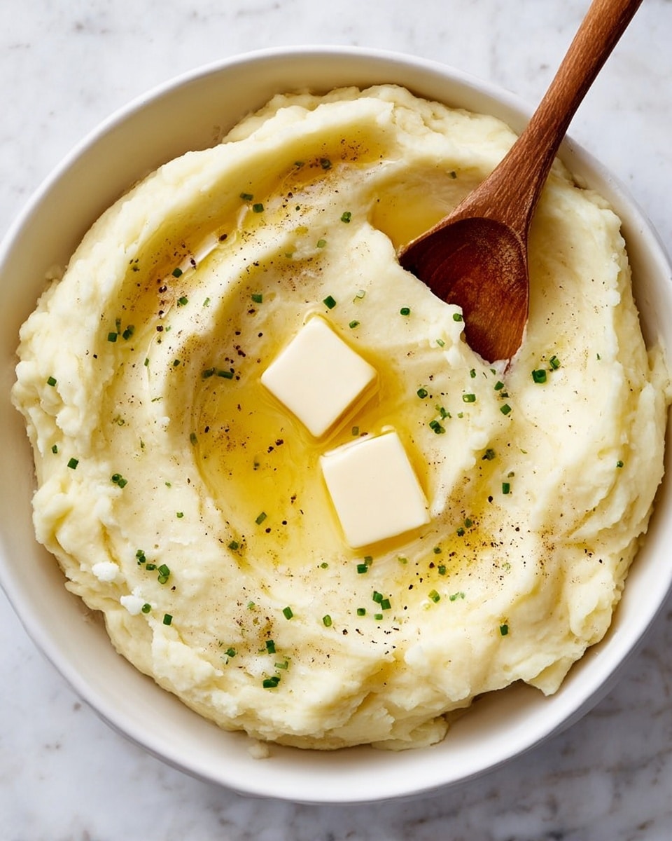 A white bowl filled with smooth, creamy mashed potatoes that have a soft, pale yellow color. On top, there are two small rectangular pieces of melting butter, partially surrounded by a pool of golden melted butter. The mashed potatoes are sprinkled with small green chive pieces and a light dusting of black pepper. A wooden spoon rests inside the bowl, slightly scooping the mashed potatoes near the butter. The background features a white marbled surface. Photo taken with an iphone --ar 4:5 --v 7