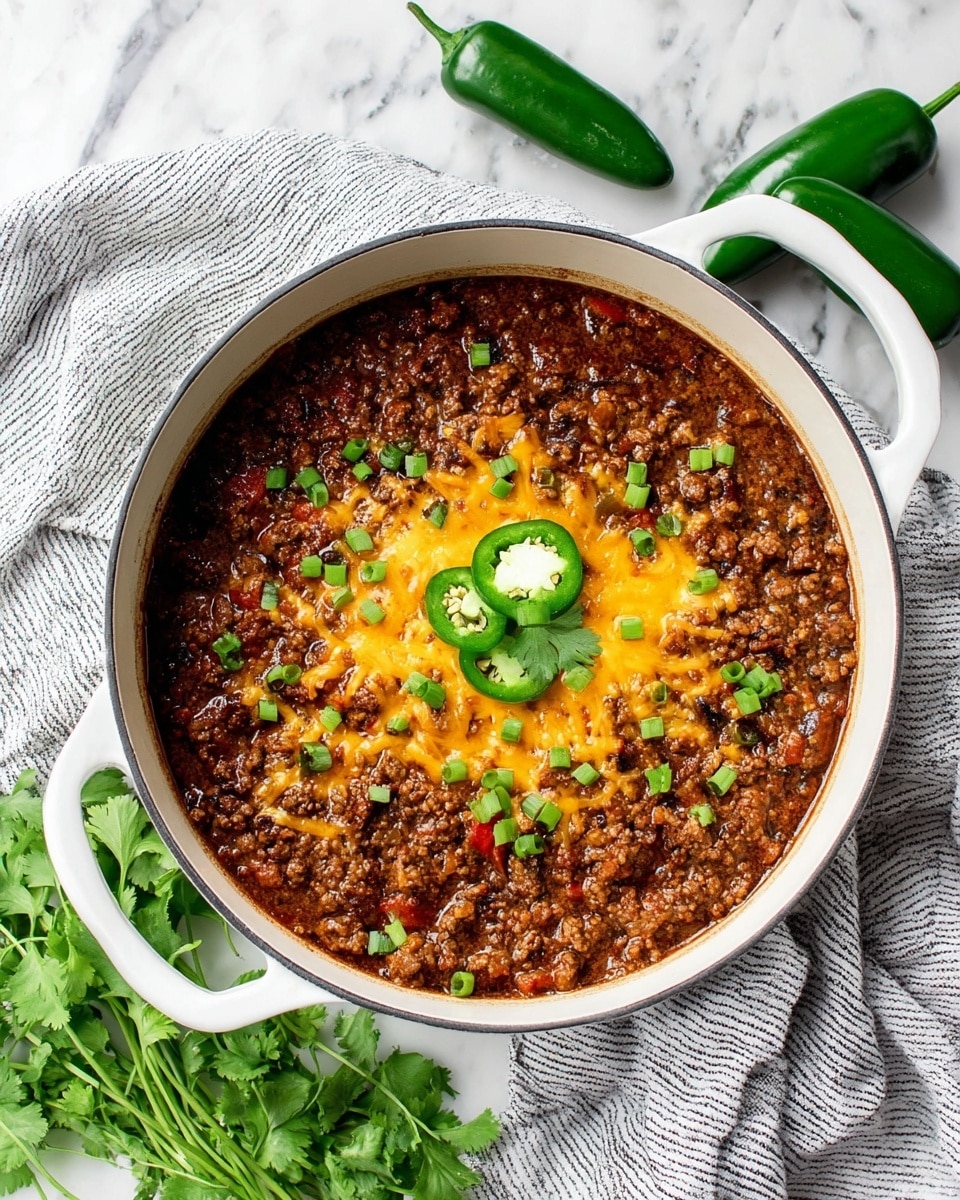A white pot filled with cooked ground beef chili topped with melted bright orange cheddar cheese, small chopped green onions, and three slices of green jalapeño pepper in the center, garnished with a small sprig of fresh cilantro. The chili has a rich, dark brown color with bits of red tomato and green peppers visible throughout. The pot sits on a white marbled surface with a gray and white striped cloth partially under the pot, and several whole green jalapeño peppers and bunches of fresh cilantro scattered nearby. Photo taken with an iphone --ar 4:5 --v 7