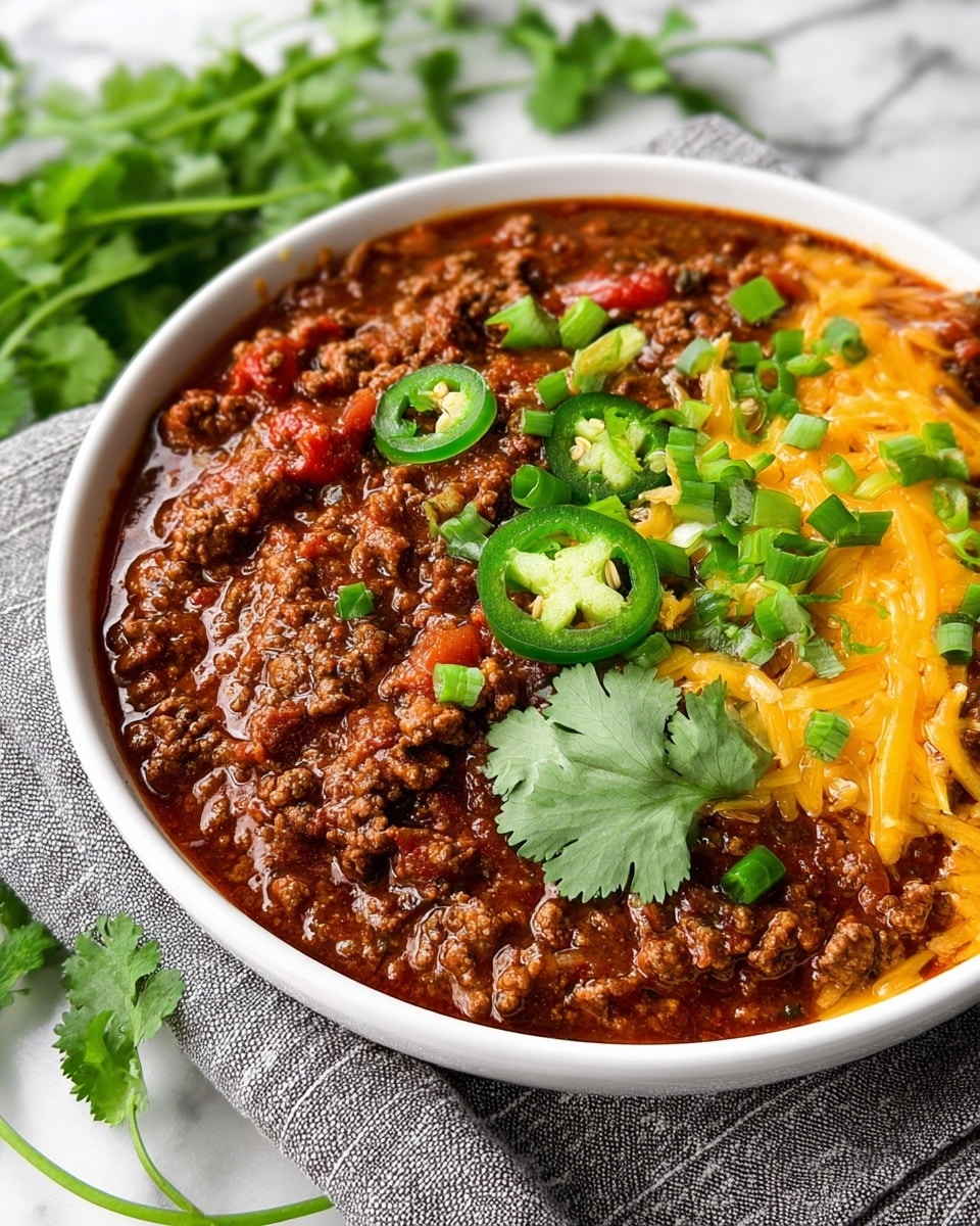 A white bowl filled with thick chili made of finely ground beef in a rich, dark reddish-brown sauce, with visible chunks of tomatoes mixed in. On the right side of the bowl, there is a melted layer of bright yellow-orange cheddar cheese partially covering the chili, topped with finely chopped green onions and fresh green jalapeño slices. A sprig of fresh cilantro with bright green leaves sits near the center as a garnish. The bowl is placed on a gray striped cloth on a white marbled surface, with some fresh cilantro leaves blurred in the background. photo taken with an iphone --ar 4:5 --v 7