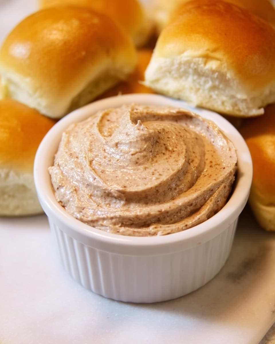 A small white ramekin filled with a creamy, light brown spread that has visible specks of darker brown, giving it a textured look. The spread is swirled on top with soft peaks and smooth ridges. Around the ramekin, there are several soft, golden-brown dinner rolls with a slightly shiny surface, placed loosely on a white marbled textured background. Photo taken with an iphone --ar 4:5 --v 7