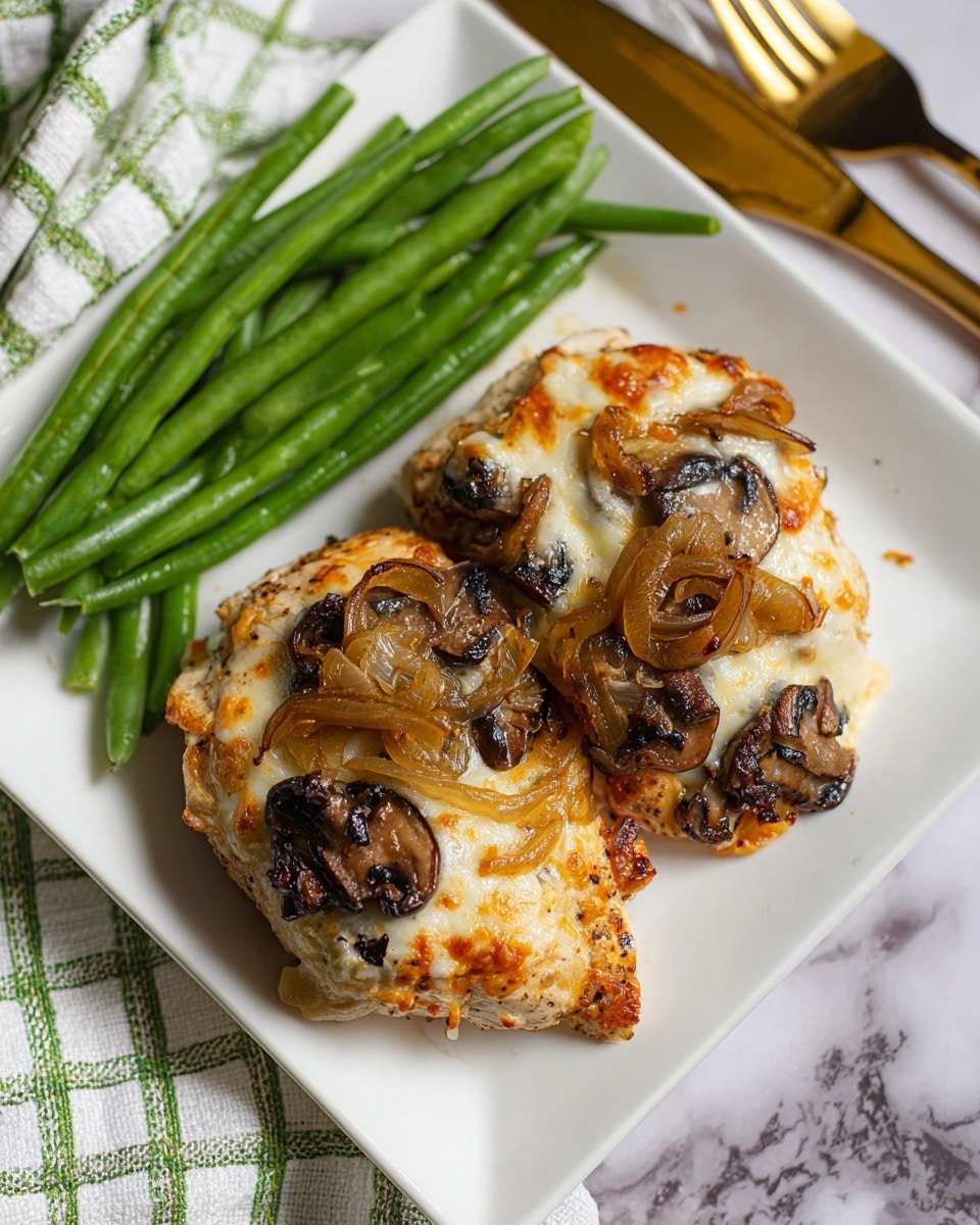 The image shows two pieces of cooked chicken breast topped with melted, bubbly white cheese, golden-brown sautéed onions, and dark brown mushrooms on a white square plate. The chicken has a slightly charred, crispy edge and is placed side by side in the middle right of the plate. On the left side of the plate, there is a neat stack of fresh green beans with a glossy texture. The plate is set on a white marbled surface, with a gold fork and knife placed diagonally in the upper right corner, and part of a checkered white and green cloth is visible in the upper left corner. Photo taken with an iphone --ar 4:5 --v 7