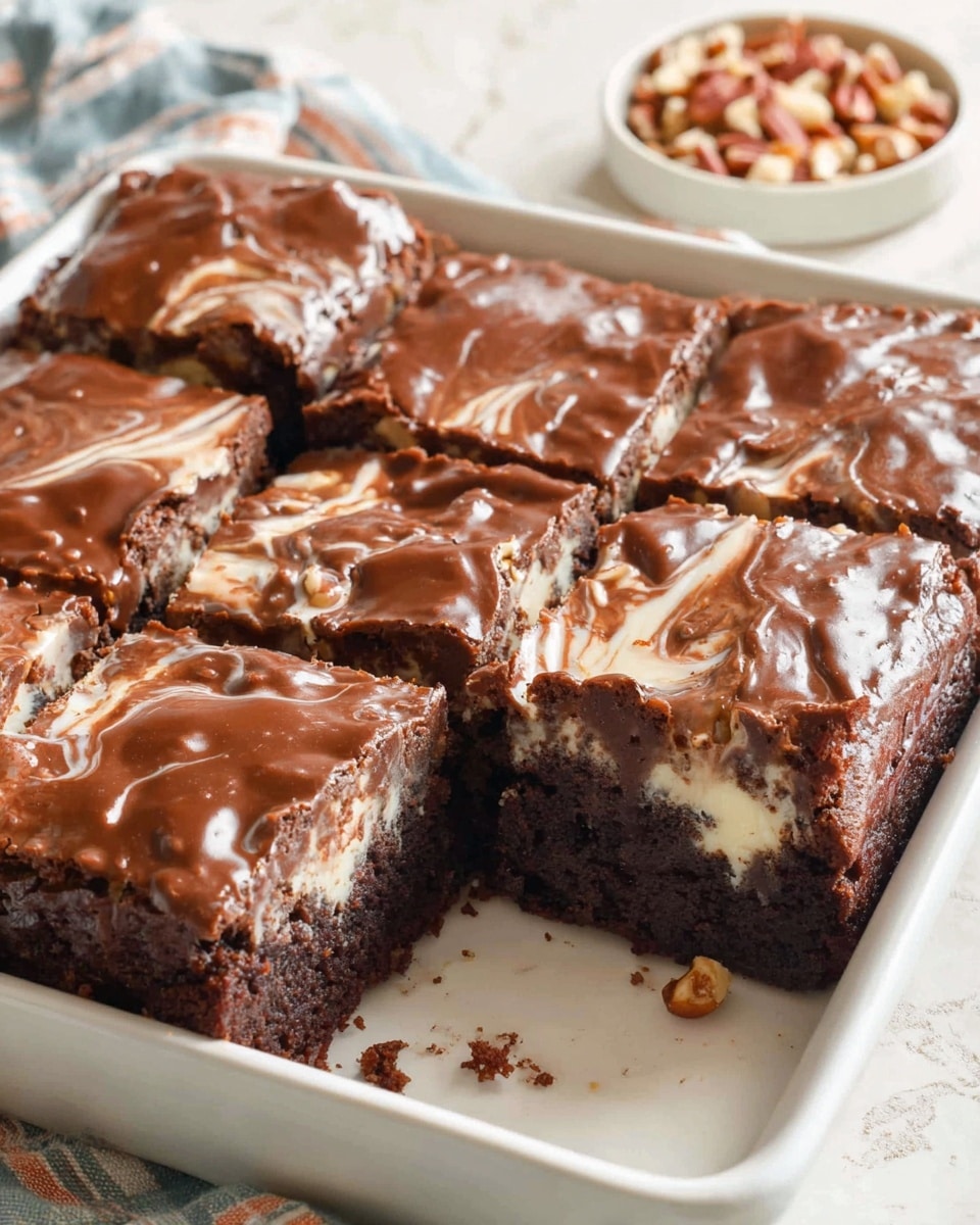 A square white dish holds a rich chocolate brownie layer at the bottom, dark and dense with a moist texture. Above it is a lighter, creamy layer mixed unevenly with the chocolate, showing swirls of white and brown creating a marbled effect. The top layer is glossy and cracked chocolate, covering all squares except one missing piece near the front. To the back right, a small white bowl filled with mixed nuts sits on a white marbled surface, adding a rustic touch to the scene. photo taken with an iphone --ar 4:5 --v 7