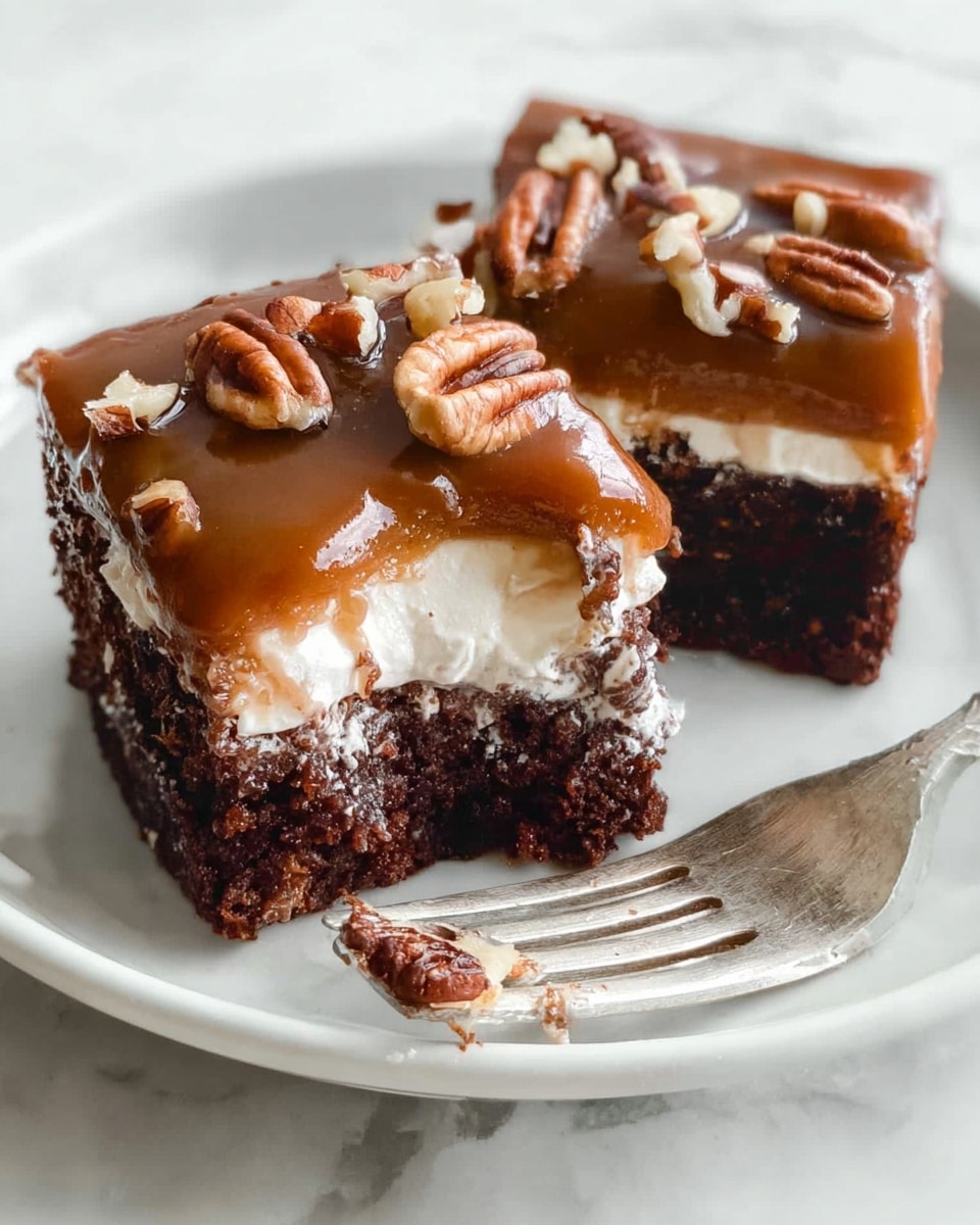 A close-up view of two square brownie pieces on a white plate, each with three layers: a dark, moist chocolate cake base, a middle layer of white marshmallow, and a top smooth caramel layer with a shiny, slightly cracked surface. Scattered on top are walnut and pecan halves adding texture. One piece has a bite taken out, showing the contrast of layers, with a silver fork resting on the plate nearby. The background is a white marbled texture. photo taken with an iphone --ar 4:5 --v 7