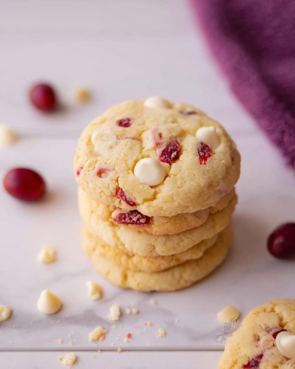 A stack of three pale yellow cookies with small red fruit pieces and white chocolate chips mixed in, placed on a white marbled surface. The cookies have a soft, slightly crumbly texture and some crumbs and white chocolate chips are scattered around them. A few whole red berries rest near the stack, and there is a folded purple cloth in the upper right corner. photo taken with an iphone --ar 4:5 --v 7