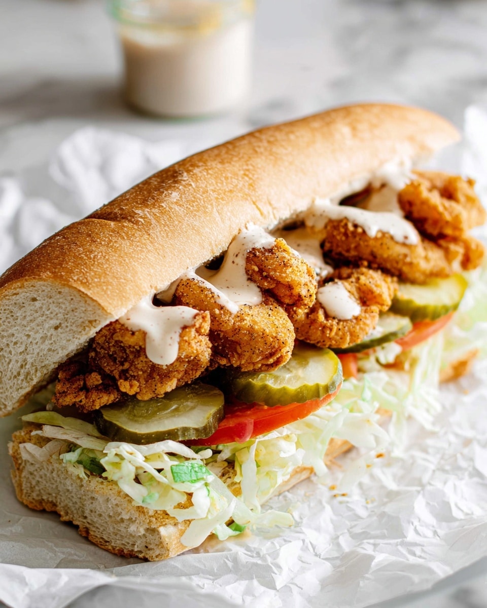 A sandwich with a long white soft hoagie bun that is lightly crusty on the outside. Inside, there is a first layer of shredded light green lettuce at the bottom, followed by a few thin slices of green pickles and red tomatoes. On top of the vegetables are several large pieces of crispy, golden-brown fried chicken, with a creamy white sauce drizzled over the chicken pieces. The sandwich is placed on crumpled white paper on a white marbled surface, with a blurred container of sauce in the background. photo taken with an iphone --ar 4:5 --v 7