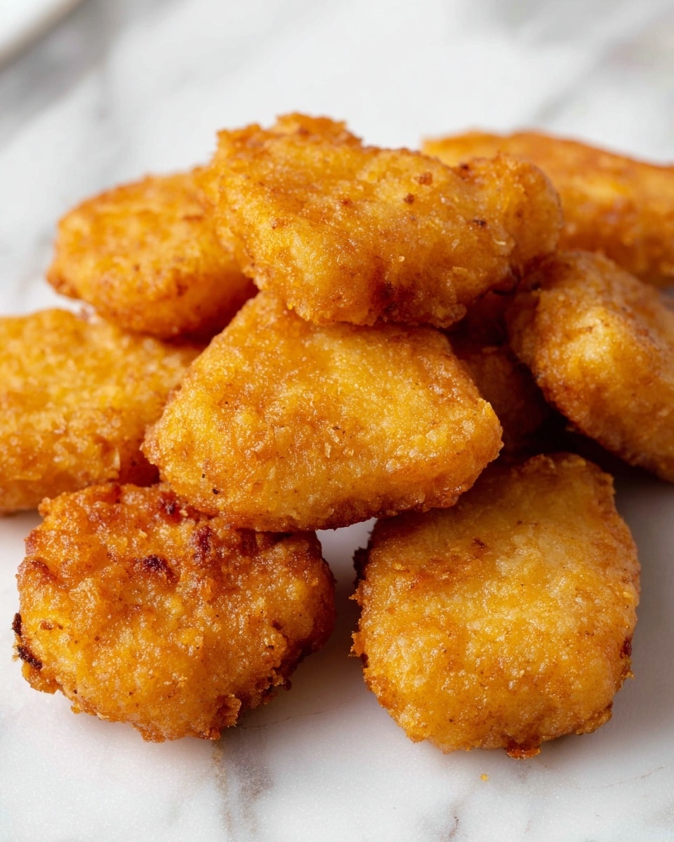 A close-up image of several golden brown chicken nuggets with a crispy, textured coating scattered on a white marbled surface, showing small crunchy edges and slight darker spots where they are fried more, capturing the warm and crunchy look of the nuggets stacked casually. Photo taken with an iphone --ar 4:5 --v 7