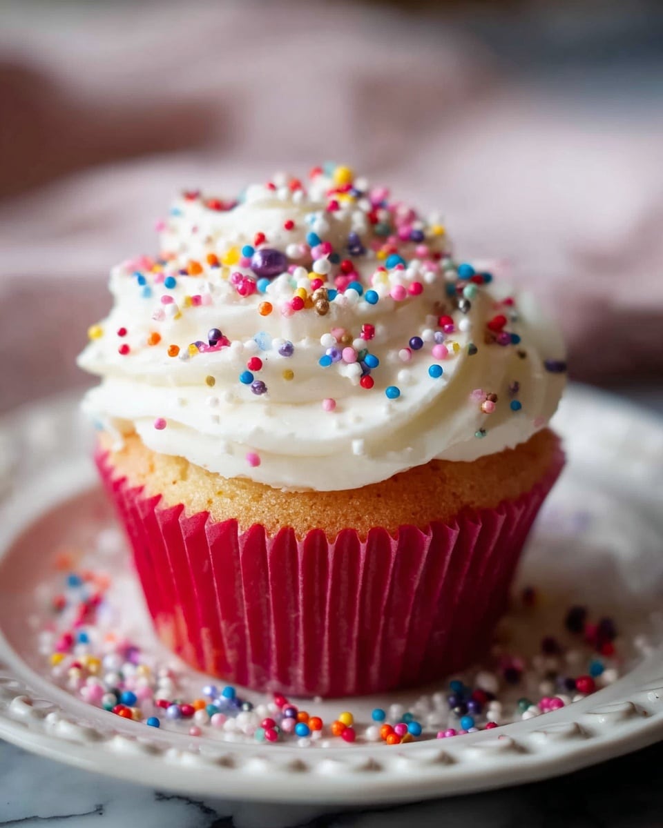 A single cupcake with a red cupcake liner sits centered on a white plate with a decorative edge. The cupcake has one main layer of golden brown cake topped with a thick swirl of white frosting. The frosting is covered with small round sprinkles in bright colors including red, blue, yellow, pink, white, and purple, some falling onto the plate below. The background is softly blurred and shows a white marbled texture. photo taken with an iphone --ar 4:5 --v 7
