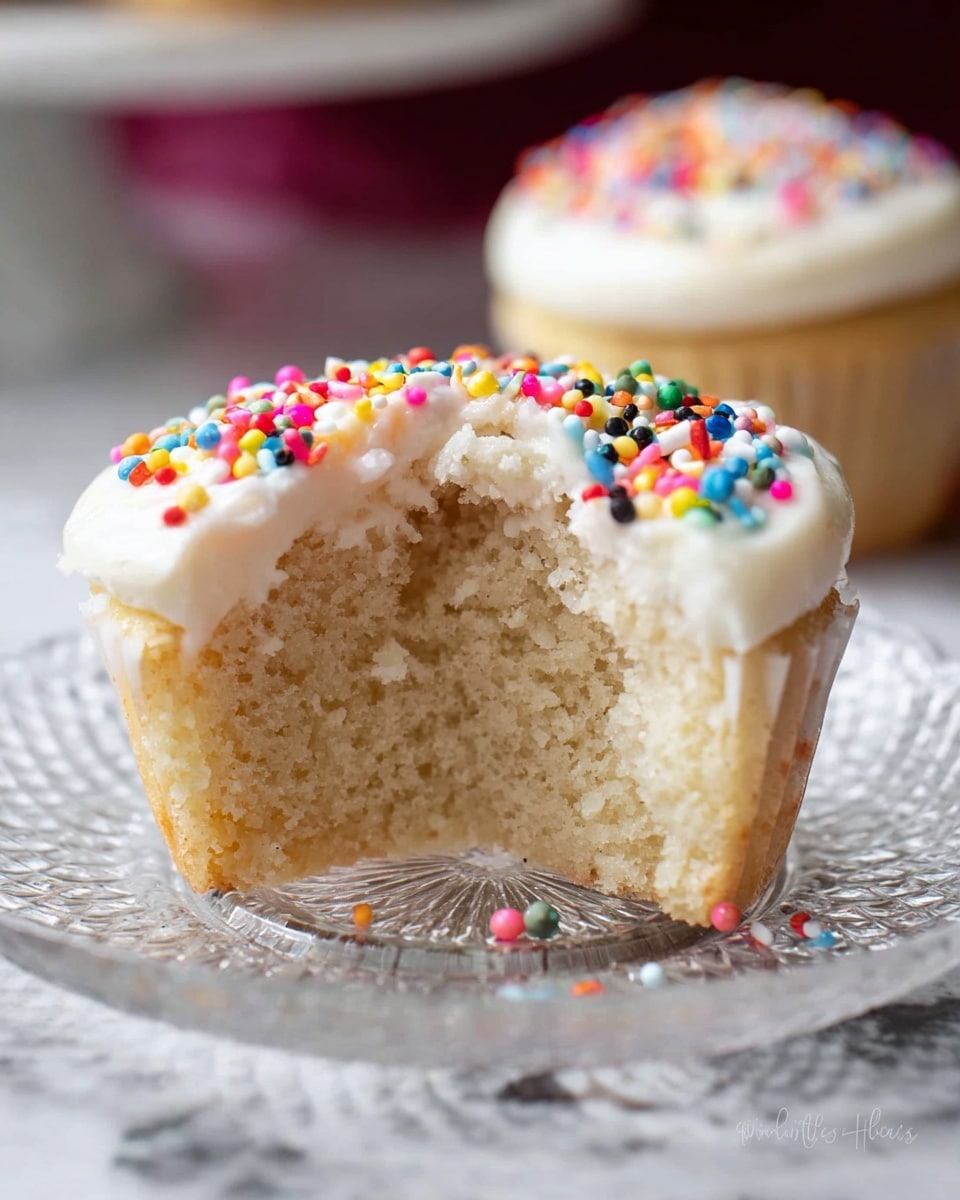 A close-up of a vanilla cupcake cut in half shows its soft, light beige inside and smooth white frosting on top. The frosting layer is thick and creamy, covering the top fully, and decorated with many small, round, colorful sprinkles in red, yellow, blue, pink, green, orange, black, and white. The two cupcake halves are placed on a clear glass plate with a patterned texture, which sits on a white marbled surface. In the blurred background, another cupcake is visible. photo taken with an iphone --ar 4:5 --v 7