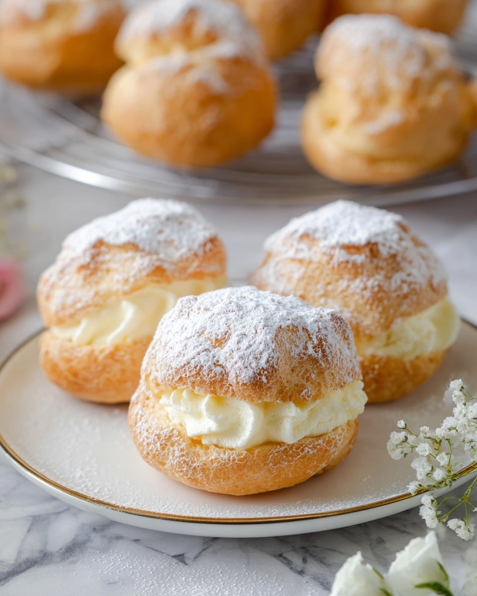 Three cream puffs sit on a white plate with a thin gold rim, each puff with a round, golden-brown pastry shell dusted lightly with white powdered sugar. The pastry puffs have soft, irregular surfaces with small bumps, and some creamy filling slightly peeks out from their sides. In the background, more cream puffs rest on a metal cooling rack, all on a white marbled surface. Tiny white flowers are placed near the bottom right of the plate, adding a gentle decorative touch. Photo taken with an iphone --ar 4:5 --v 7