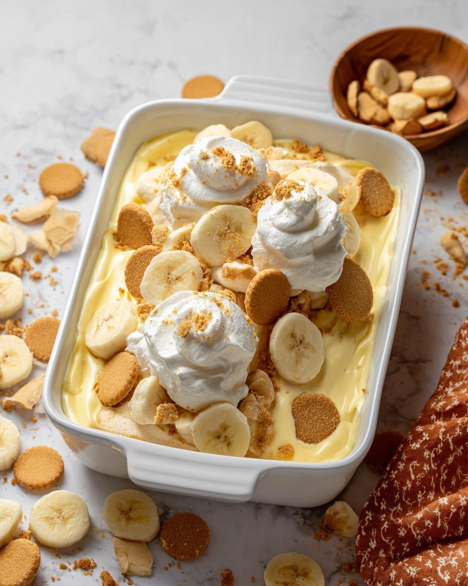 This dish is served in a white rectangular ceramic baking dish filled with several layers, starting with a base layer of vanilla pudding that has a smooth, creamy yellow texture. On top of this are slices of fresh banana with a soft yellow color arranged unevenly across the pudding. Scattered over the banana slices and pudding are small round golden-brown vanilla wafer cookies, adding a crunchy texture. Another thick layer of creamy vanilla pudding sits on top, followed by more vanilla wafers and additional banana slices. On the very top, there are two large dollops of white whipped cream, creating a fluffy texture and decorated with more banana slices and broken vanilla wafer pieces, adding a crumbly, crunchy finish. The background is a white marbled texture with broken vanilla wafers scattered around, and a wooden bowl filled with more vanilla wafers sits on the side. photo taken with an iphone --ar 4:5 --v 7