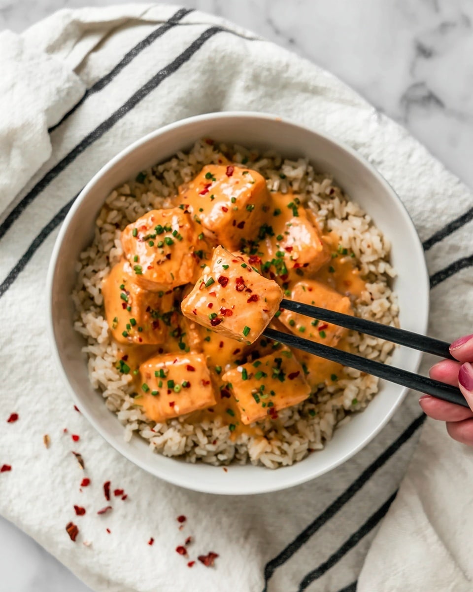 A bowl filled with a base layer of light brown cooked rice grains, topped with several chunks of salmon covered in a smooth, creamy light orange sauce speckled with small red flakes. The salmon pieces are garnished with finely chopped green herbs, scattered over the top. A woman's hand holds black chopsticks lifting one piece of the coated salmon above the bowl. The bowl is white, set on a white marbled surface with a white cloth featuring black stripes under it. Small red flakes are scattered around the bowl. Photo taken with an iphone --ar 4:5 --v 7