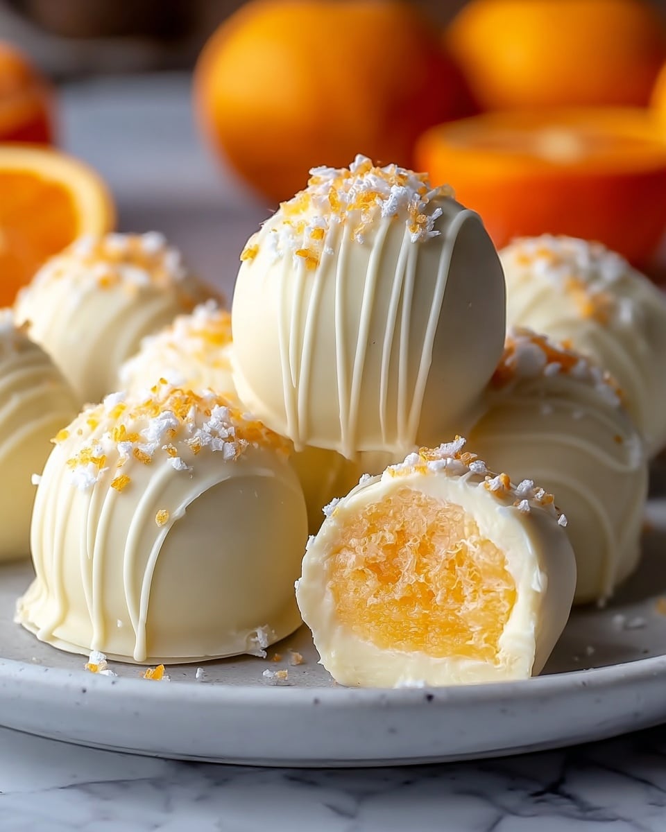 A white plate holds five round truffles with a smooth, cream-colored white chocolate coating, each decorated with thin white drizzle lines and sprinkled with small white and orange flakes. One truffle is cut open, revealing a soft, light crumbly white layer on the outside and a bright orange, jelly-like center. The plate is set against a blurred background with three whole orange fruits providing a warm contrast. The surface beneath the plate is a white marbled texture. Photo taken with an iphone --ar 4:5 --v 7