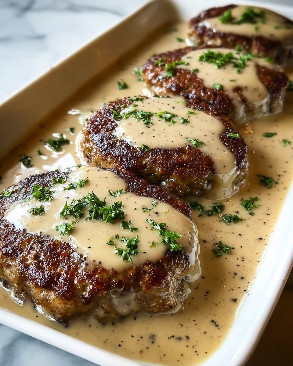 The dish shows five browned meat patties with a slightly crispy texture on the edges, each covered with a thick, smooth, light beige gravy sauce that pools around the base of the patties on a white tray. The gravy has small specks of black pepper and fresh chopped green parsley sprinkled on top of each patty. The scene is set on a white marbled surface with natural light coming from the side, highlighting the glossy sauce and smoky sear on the patties. Photo taken with an iphone --ar 4:5 --v 7