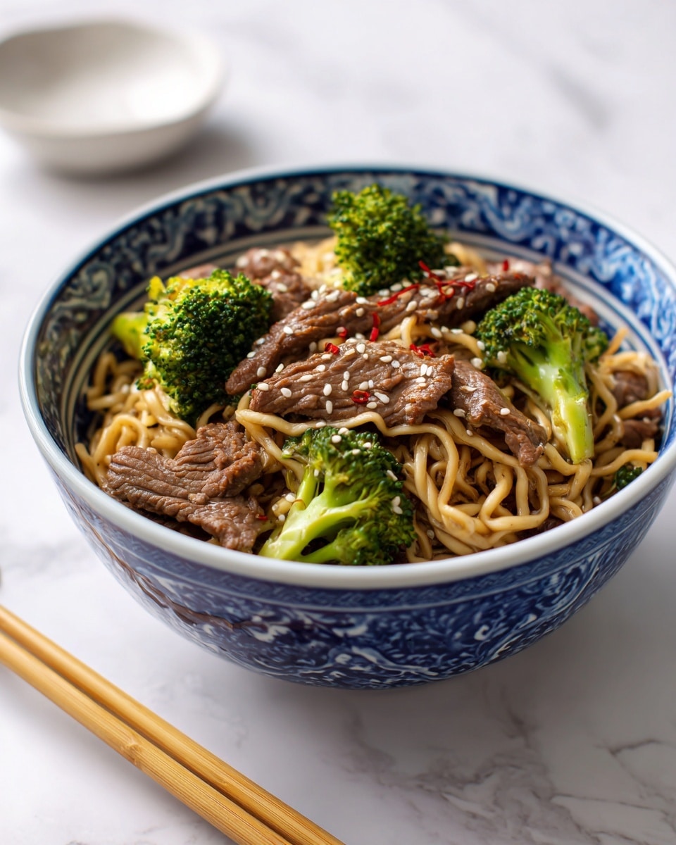 A white bowl with blue patterns filled with three main layers: the first layer is a bed of shiny cooked noodles in light brown sauce, the second layer has bright green broccoli florets scattered evenly on top, and the third layer consists of tender brown slices of cooked beef mixed throughout. The dish is sprinkled with red chili flakes and small white sesame seeds for added texture and color. The bowl rests on a white marbled surface with a pair of light wooden chopsticks placed beside it, and a small white dish blurred in the background. Photo taken with an iphone --ar 4:5 --v 7
