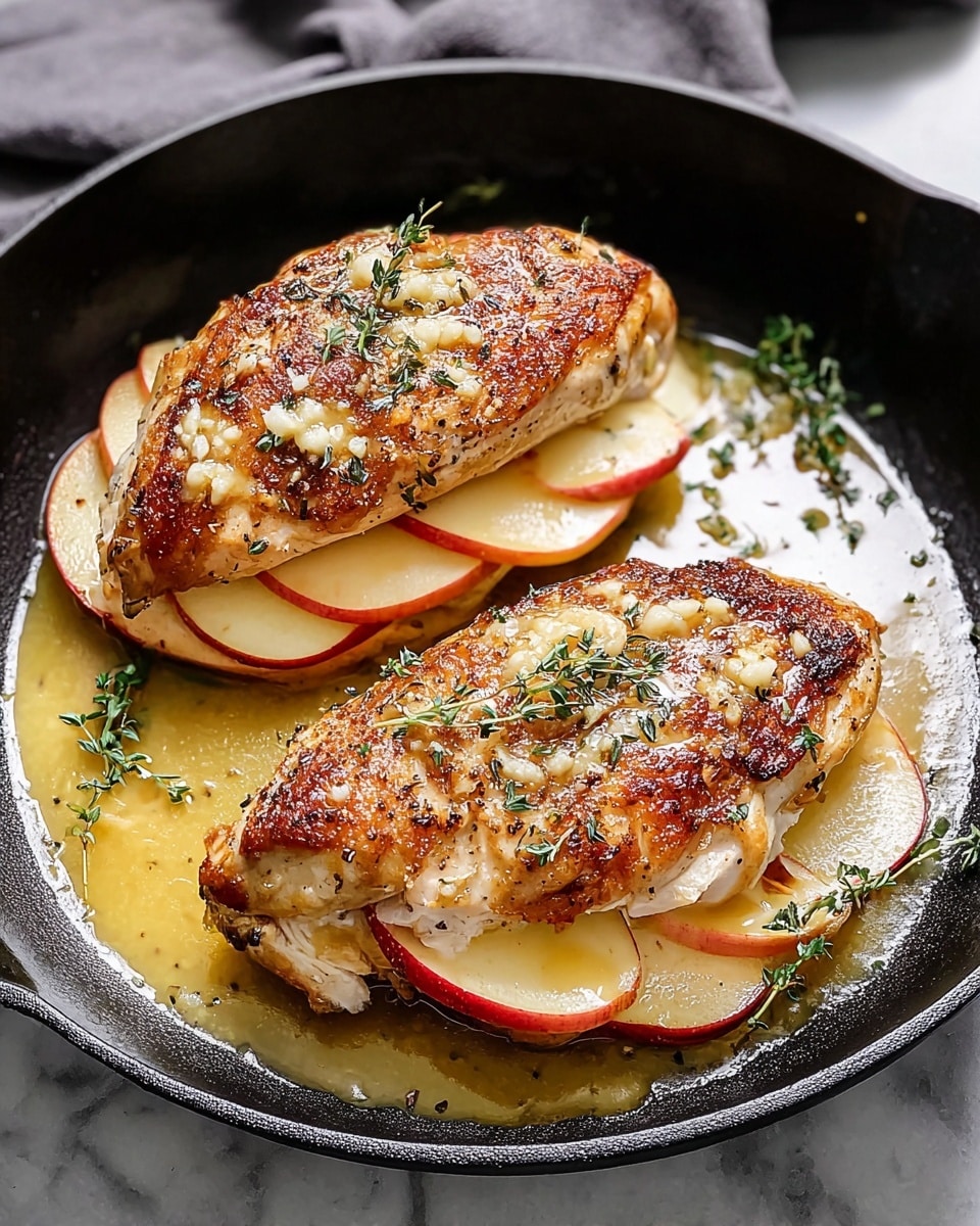Two cooked chicken breasts sit in a black pan on a white marbled texture. Each chicken breast is sliced open and layered with thin red apple slices inside. The top layer of chicken skin is golden brown and crispy, sprinkled with small bits of garlic and tiny green herbs. Golden sauce is dripping from the apple slices onto the chicken and the pan. Around the chicken breasts, a few small green herb sprigs rest in the sauce, adding a fresh touch. photo taken with an iphone --ar 4:5 --v 7