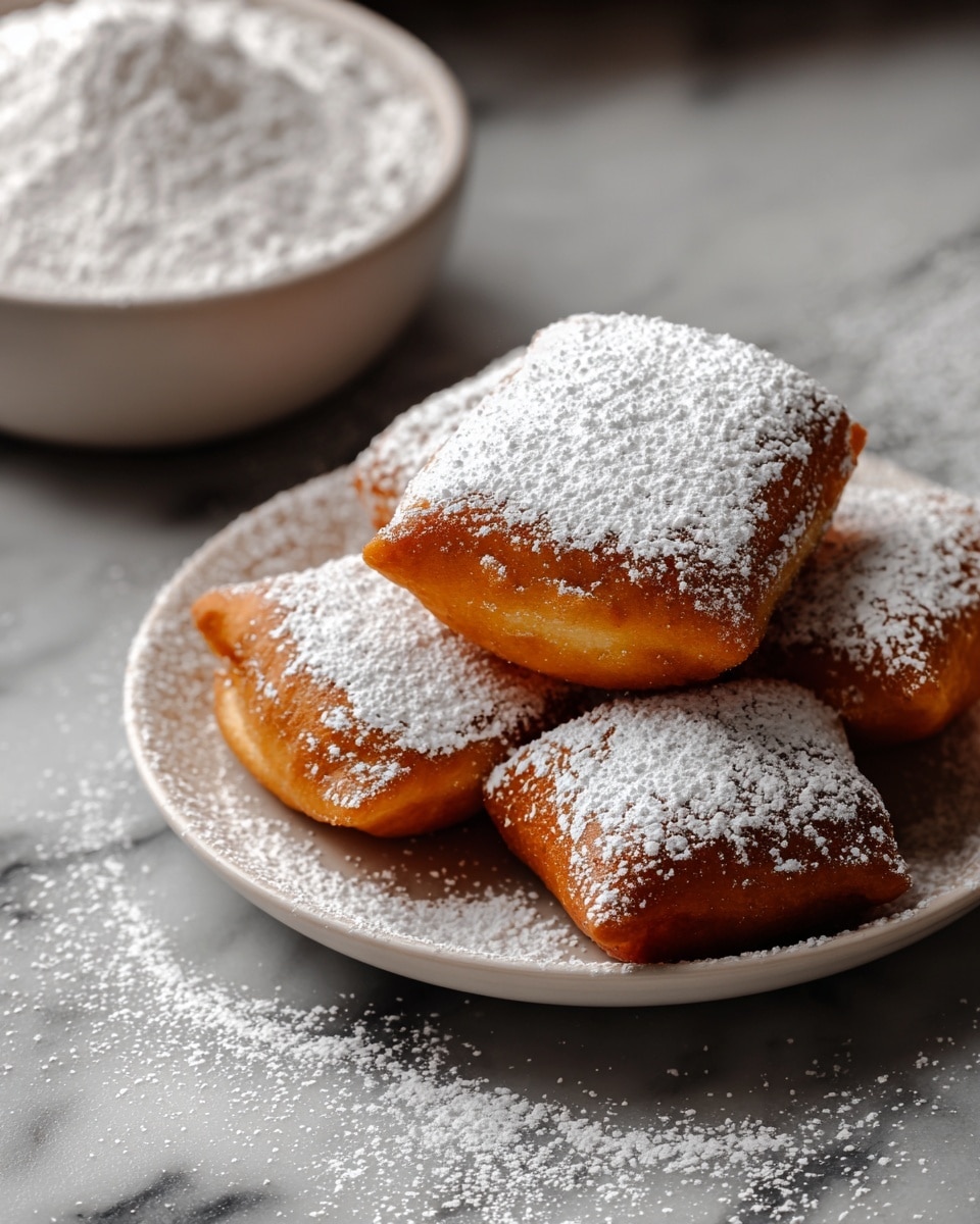 A white plate holds a stack of five square, golden-brown beignets, each generously dusted with white powdered sugar that spills onto the plate and the white marbled surface below. The beignets have a light, airy texture and slightly crisp edges, while the powdered sugar creates a soft, snowy layer on top. In the background, a white bowl filled with more powdered sugar is slightly out of focus, adding depth to the scene. photo taken with an iphone --ar 4:5 --v 7