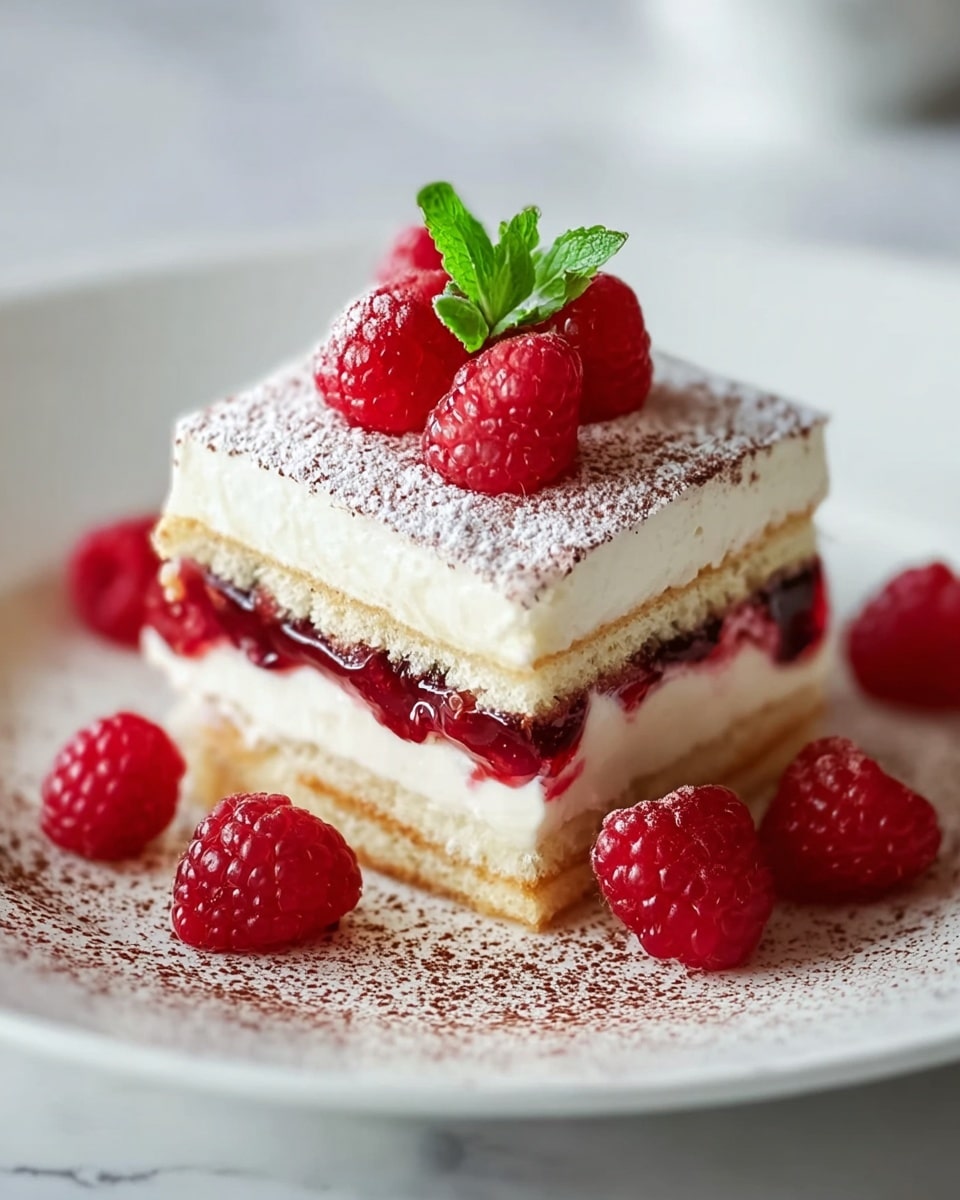A square-shaped layered dessert sits on a white plate, placed on a white marbled surface. The bottom layer is a light beige sponge cake, followed by a thick white creamy layer. On top of the cream, there is a bright red raspberry jam layer with visible fruit pieces, then another white creamy layer similar to the one below. The dessert is topped with a thin light-colored sponge layer lightly dusted with cocoa powder. Several fresh red raspberries and a small green mint leaf crown the top. Around the dessert, more raspberries are scattered over a light dusting of cocoa powder. photo taken with an iphone --ar 4:5 --v 7