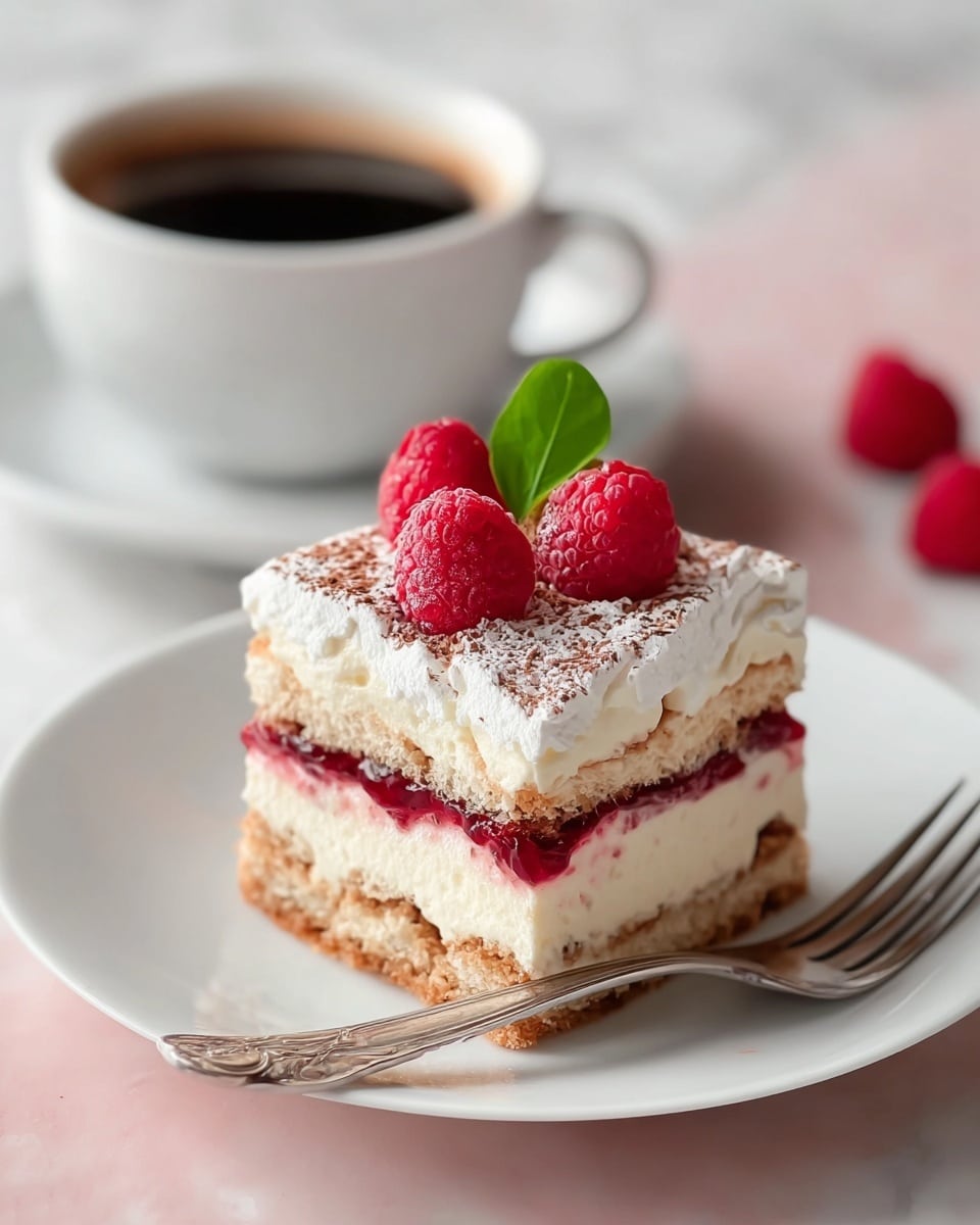 A square slice of layered dessert sits on a white plate with a silver fork beside it. The dessert has four layers: a thin golden-brown crumbly base, a thick creamy white layer above it, followed by a bright red berry jam layer, and topped with a fluffy white cream layer dusted lightly with cocoa powder. Three fresh red raspberries and two green leaves decorate the top. In the blurry background, there is a white cup filled with dark coffee on a white saucer, all placed on a white marbled surface with a hint of pink underneath the plate. photo taken with an iphone --ar 4:5 --v 7