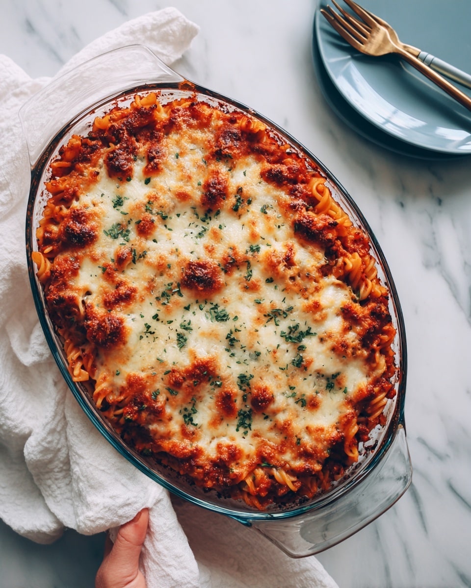 A glass baking dish filled with baked pasta, showing three main layers: the bottom layer is golden brown pasta pieces, the middle layer is melted white cheese mixed with bright green vegetable bits, and the top layer is a thick spread of bubbly, slightly browned white cheese sprinkled evenly with black herbs. The pasta edges peek out around the cheese, adding textured golden spots. The dish rests on a folded white and light green cloth, placed on a white marbled surface. Nearby, a white plate holds a fork and knife, and there is a blue plate with extra pasta in the background. photo taken with an iphone --ar 4:5 --v 7