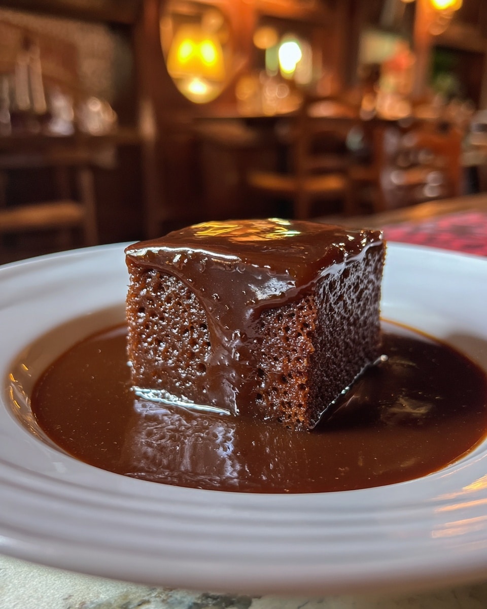 A single square piece of chocolate cake with a shiny, moist texture and a dark brown color sits in the center of a white plate. The cake has fine bubbles visible on its surface and is covered partially with a thick layer of glossy chocolate sauce both on top and pooled around the base, creating a rich dark brown pool. The background shows a cozy setting with blurred wooden furniture and soft lighting, all on a white marbled surface. photo taken with an iphone --ar 4:5 --v 7