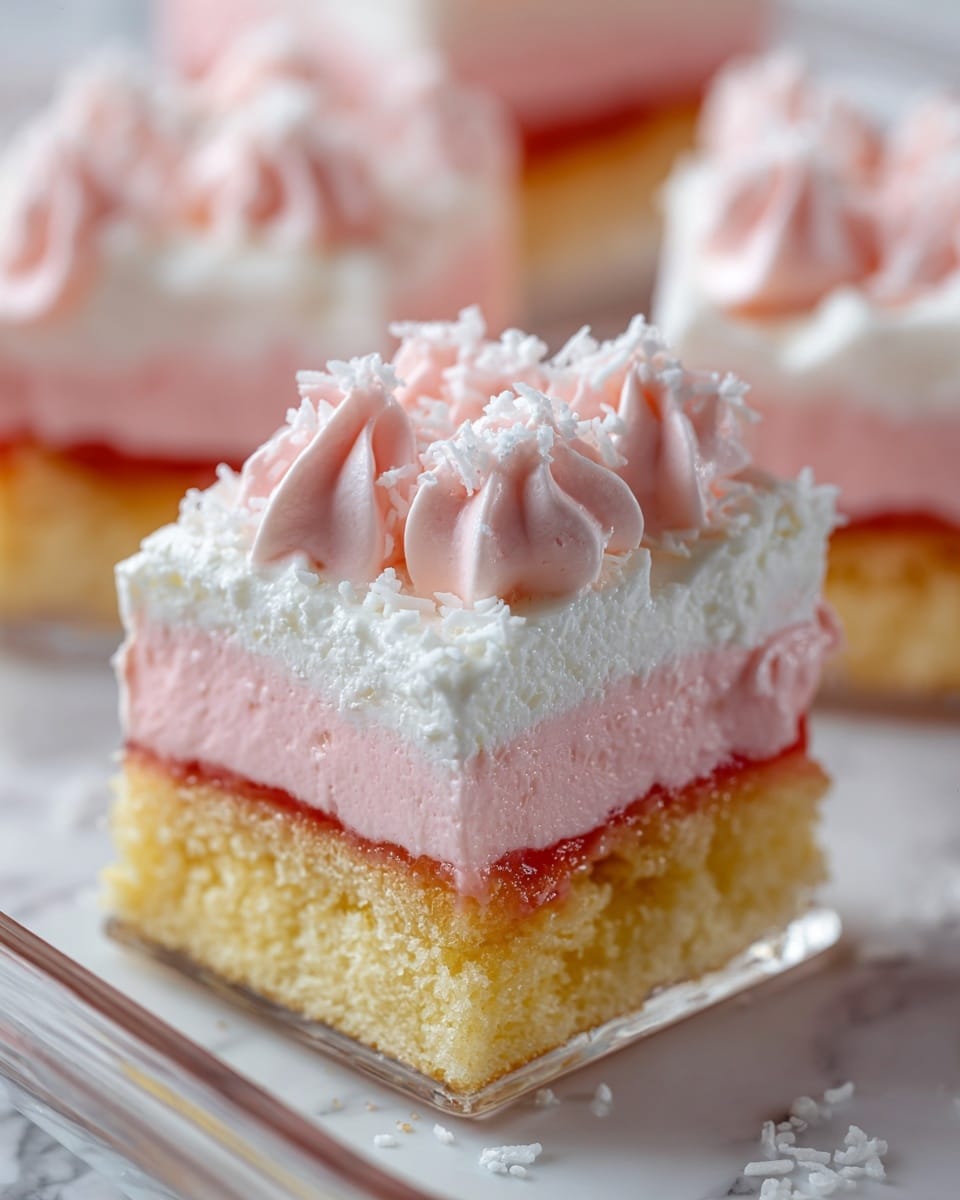 The image shows a close-up of a dessert in a clear glass dish with three visible layers. The bottom layer is soft and light golden brown cake soaked in a red syrup, followed by a thick middle layer of smooth, pale pink cream. On top, there is a layer of fluffy pink whipped cream piped in large dollops, each dusted with fine white coconut flakes. The dish is set on a white marbled surface, and more pieces of the dessert are visible blurred in the background. Photo taken with an iphone --ar 4:5 --v 7